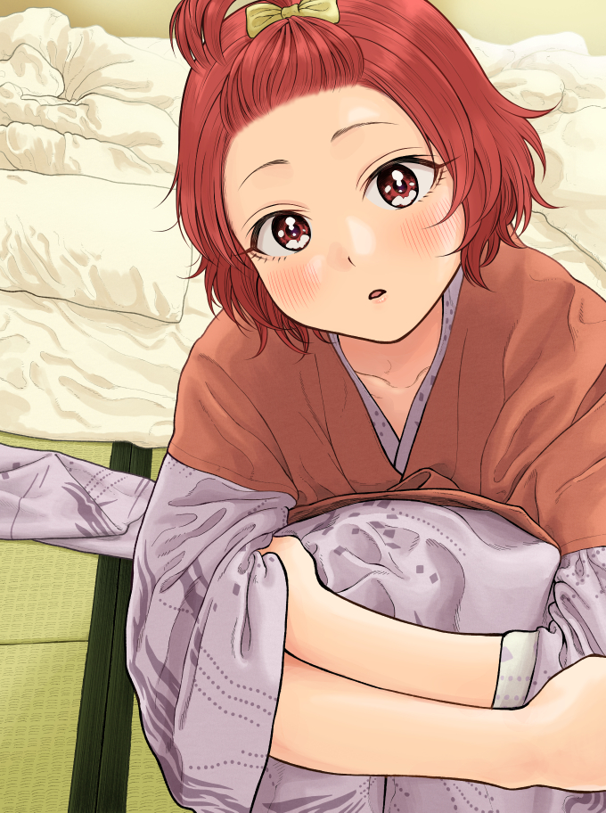 1girl bangs_pinned_back bath_yukata blush brown_eyes commentary_request expressionless forehead futon hugging_own_legs idolmaster idolmaster_cinderella_girls japanese_clothes kimono looking_at_viewer murakami_tomoe oyanaku parted_lips red_hair ryokan short_hair sitting solo tatami yukata