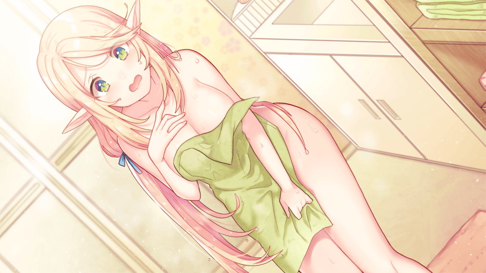 1girl artist_request bathroom blonde_hair breasts eris_(monster_musume) game_cg green_eyes green_towel indoors large_breasts long_hair monster_musume_no_iru_nichijou monster_musume_no_iru_nichijou_online naked_towel official_art open_mouth parted_bangs pointy_ears towel wet