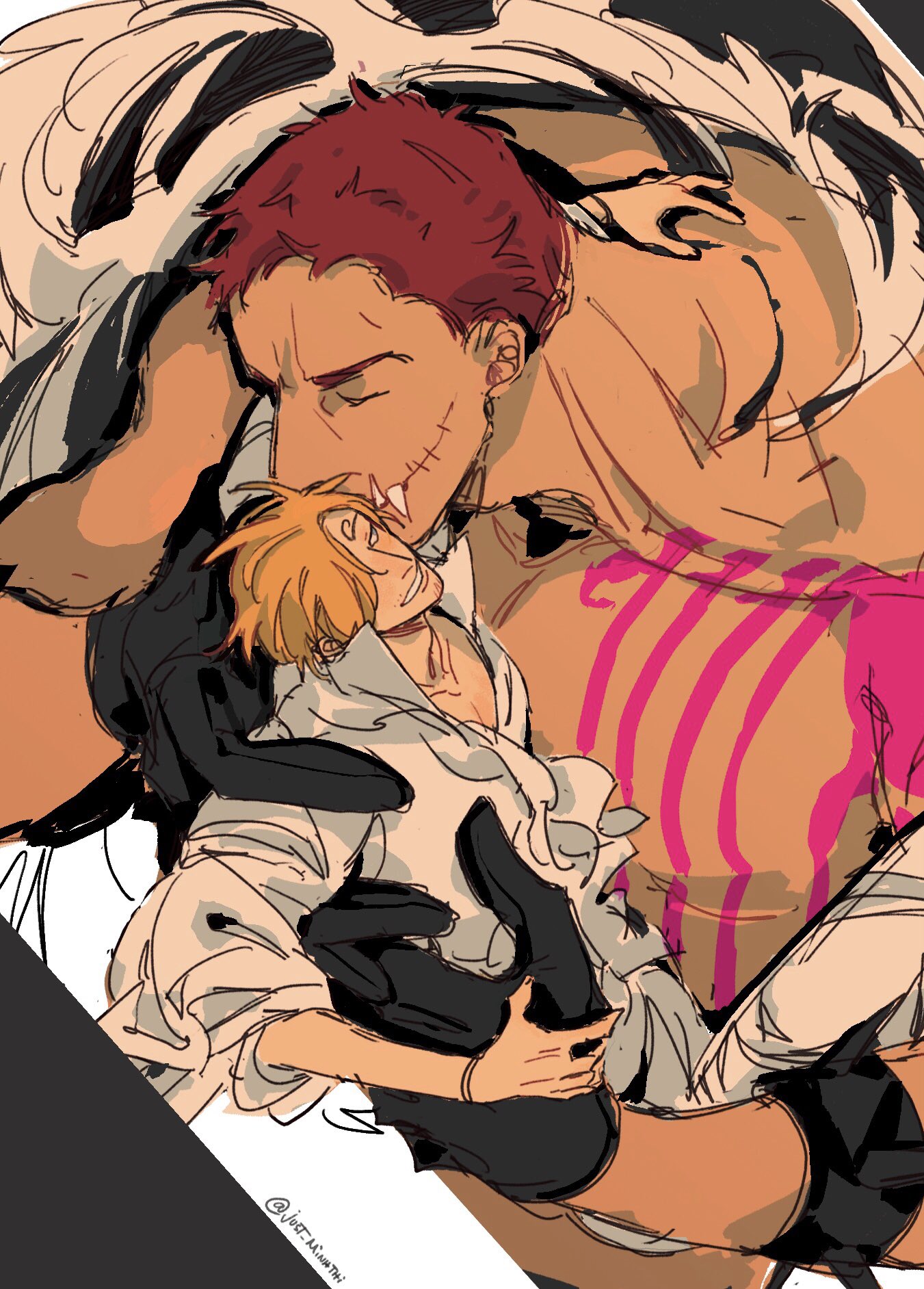 2boys arm_tattoo black_gloves blonde_hair blue_eyes bracelet charlotte_katakuri closed_eyes commentary curly_eyebrows facial_hair fangs gloves hair_over_one_eye height_difference highres jewelry kissing_hair lifting_person looking_at_another male_focus multiple_boys muscular muscular_male one_piece pants pectorals purple_hair sanji_(one_piece) scarf shirt short_hair size_difference smile stitched_mouth stitches symbol-only_commentary tattoo teeth thi_(just_minhthi) twitter_username white_pants white_shirt yaoi
