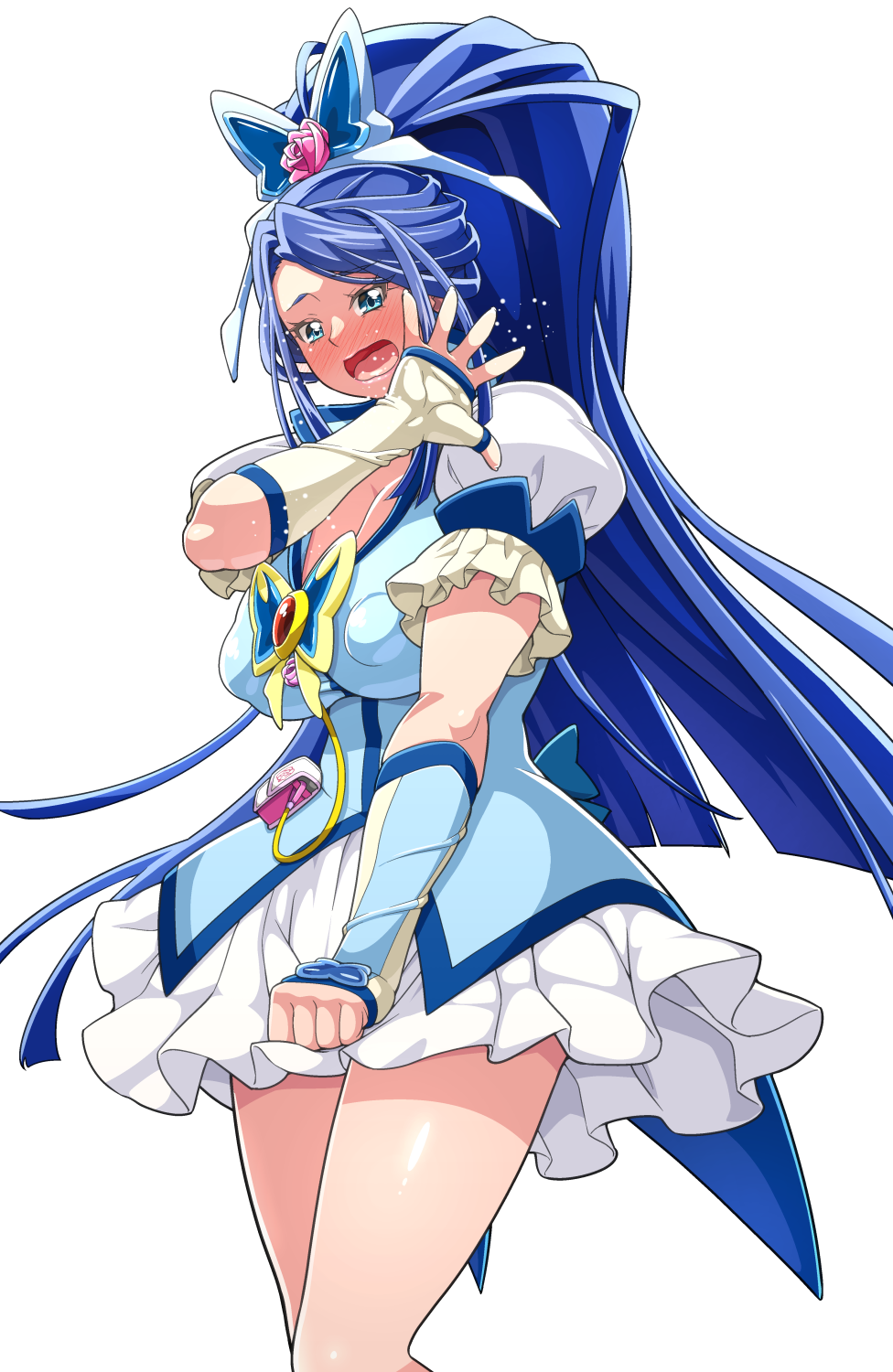 1girl aged_down blue_dress blue_eyes blue_gloves blue_hair blush breasts butterfly_brooch butterfly_hair_ornament cleavage cowboy_shot cure_aqua dress dress_tug fingerless_gloves frilled_sleeves frills frown gloves hair_ornament hair_ribbon highres jewelry kibou_no_chikara_~otona_precure_'23~ kohsaka_jun large_breasts long_hair looking_at_viewer magical_girl minazuki_karen open_mouth ponytail precure puffy_short_sleeves puffy_sleeves ribbon short_sleeves simple_background standing textless_version two-tone_dress two-tone_gloves white_background white_dress white_gloves white_ribbon wide_ponytail yes!_precure_5 yes!_precure_5_gogo!