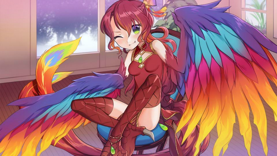 1girl anklet artist_request bare_shoulders bird_legs bird_tail blue_eyes blush braid breasts chair dress fang feather_hair_ornament feathered_wings feathers fiery_wings game_cg gradient_eyes green_eyes hair_ornament harpy jewelry long_hair looking_at_viewer monster_girl monster_musume_no_iru_nichijou monster_musume_no_iru_nichijou_online multicolored_eyes multicolored_wings multiple_tails nan_que_(monster_musume) official_art one_eye_closed red_dress red_hair side_braid side_slit sitting sleeveless sleeveless_dress small_breasts tail two_tails window winged_arms wings
