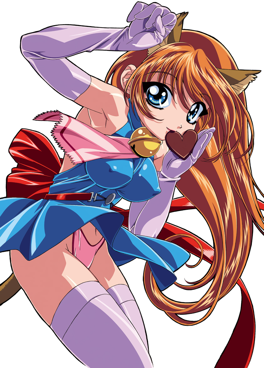 animal_ears arm_up bell blue_dress blue_eyes breasts cat_ears cat_tail chocolate comic_colorful_bee covered_nipples dress elbow_gloves food gloves gotou_keiji holding holding_chocolate holding_food jingle_bell long_hair looking_at_viewer medium_breasts non-web_source orange_hair panties photoshop_(medium) pink_gloves pink_panties pink_thighhighs simple_background tail thighhighs underwear white_background
