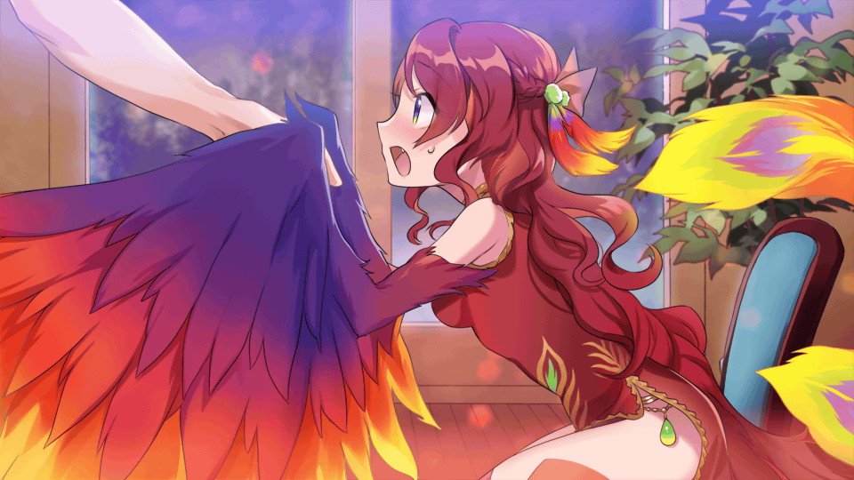 1girl artist_request bare_shoulders bird_legs bird_tail blue_eyes blush braid breasts chair dress fang feather_hair_ornament feathered_wings feathers fiery_wings game_cg gradient_eyes green_eyes hair_ornament harpy holding_hands long_hair monster_girl monster_musume_no_iru_nichijou monster_musume_no_iru_nichijou_online multicolored_eyes multicolored_wings multiple_tails nan_que_(monster_musume) official_art open_mouth red_dress red_hair side_braid side_slit sitting sleeveless sleeveless_dress small_breasts solo_focus sweatdrop tail two_tails window winged_arms wings
