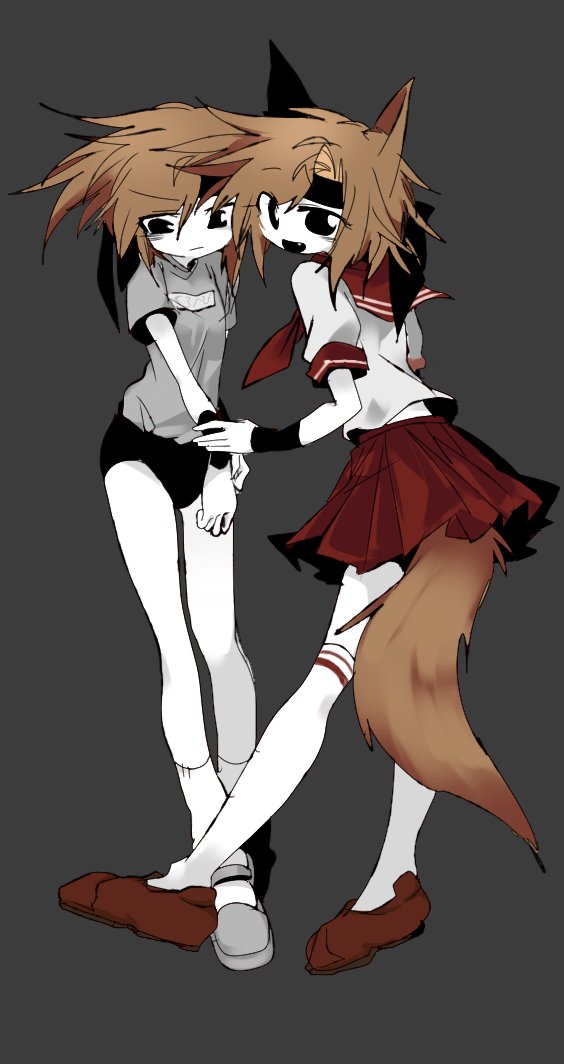 2girls animal_ears black_buruma black_eyes black_headband breasts brown_hair buruma chinese_commentary closed_mouth commentary_request dog_ears dog_girl dog_tail dual_persona fang genderswap genderswap_(otf) grey_background grey_footwear grey_shirt gym_shirt gym_uniform headband holding_another's_wrist kneehighs kurohebi len'en ling_s mary_janes miniskirt multiple_girls neckerchief no_nose open_mouth pleated_skirt red_neckerchief red_sailor_collar red_skirt sailor_collar sailor_shirt shirt shoes short_hair short_sleeves simple_background skirt small_breasts smile socks tail white_shirt white_socks