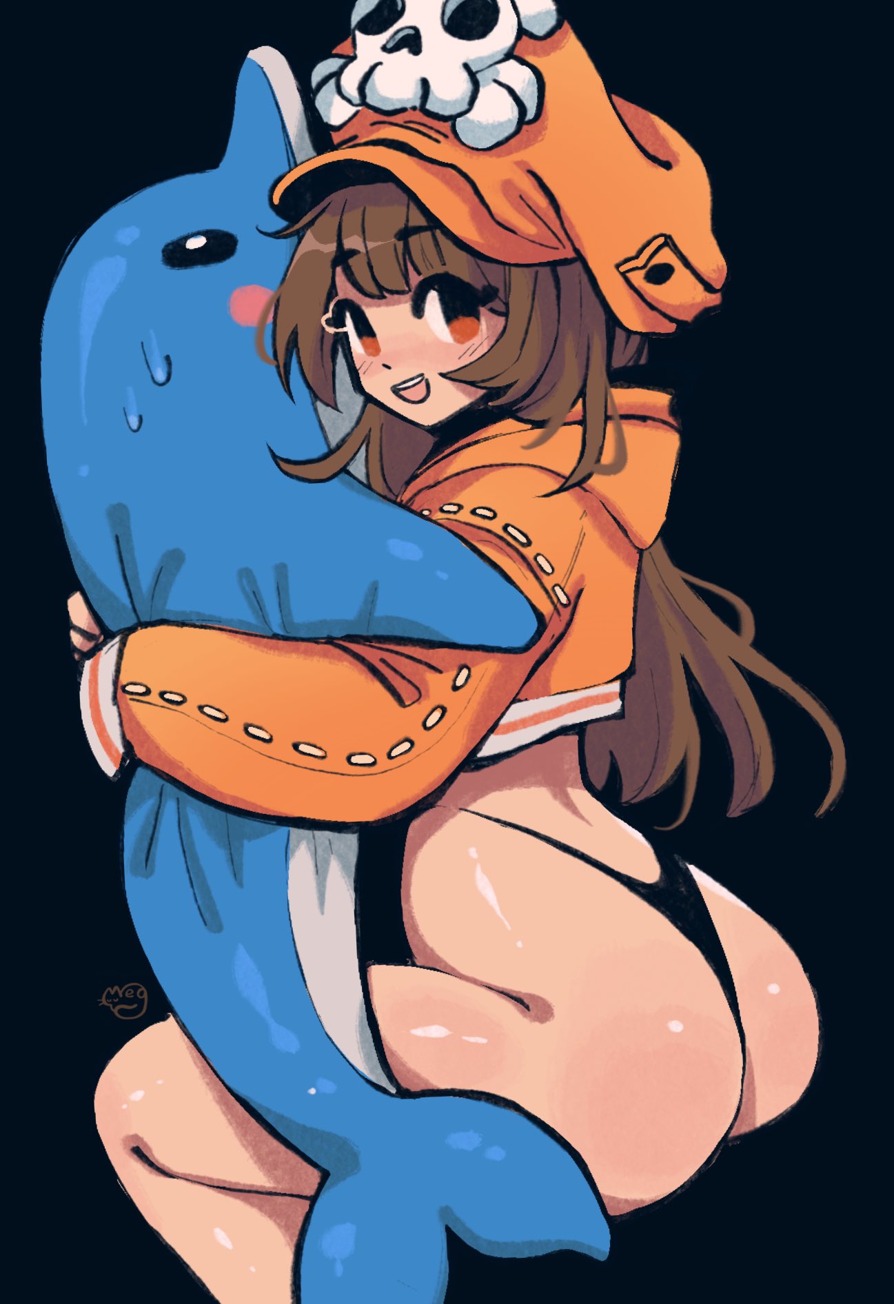 1girl ass bikini black_bikini blush brown_eyes brown_hair cabbie_hat cropped_hoodie dolphin from_behind guilty_gear hat hat_ornament highleg highleg_swimsuit highres hood hoodie hug huge_ass invisible_penis long_hair long_sleeves looking_at_viewer may_(guilty_gear) megrocks mr._dolphin_(guilty_gear) open_mouth orange_headwear orange_hoodie sitting skull_and_crossbones skull_hat_ornament smile swimsuit thong_bikini wide_hips