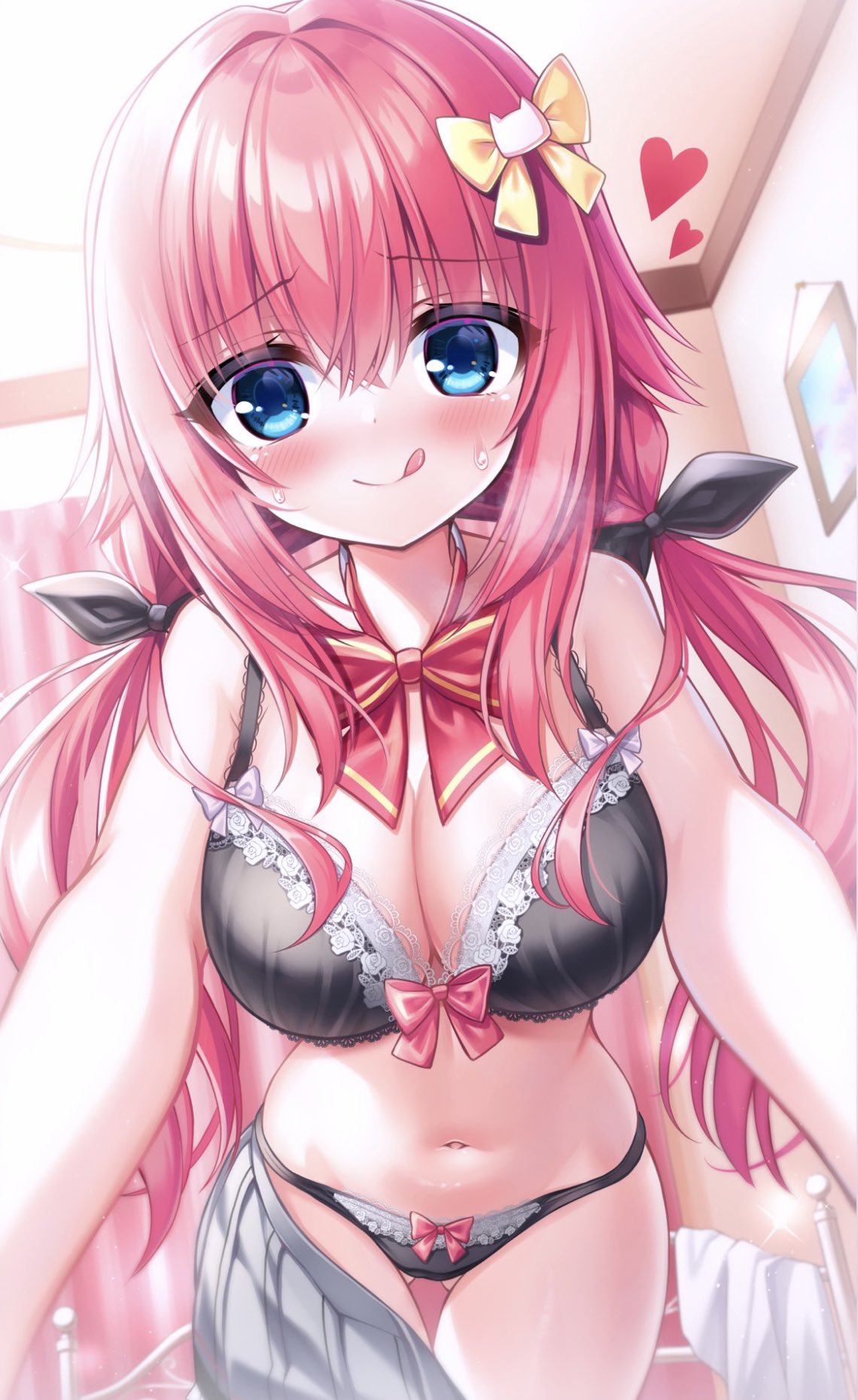 1girl :q aroused ass_visible_through_thighs bed black_bra black_panties blue_eyes blurry blush bow bra breasts breath cleavage closed_mouth commentary_request crossed_bangs curtains curvy depth_of_field eyes_visible_through_hair frilled_bra frills hair_between_eyes hair_bow hair_ornament hamidashi_creative heart highres indoors large_breasts licking_lips long_hair looking_at_viewer lovestruck low_twintails navel panties pink_hair pov reaching reaching_towards_viewer red_bow ribbon smile solo stomach sweat tokiwa_kano tongue tongue_out twintails tyutaka0427 underwear very_long_hair yellow_bow