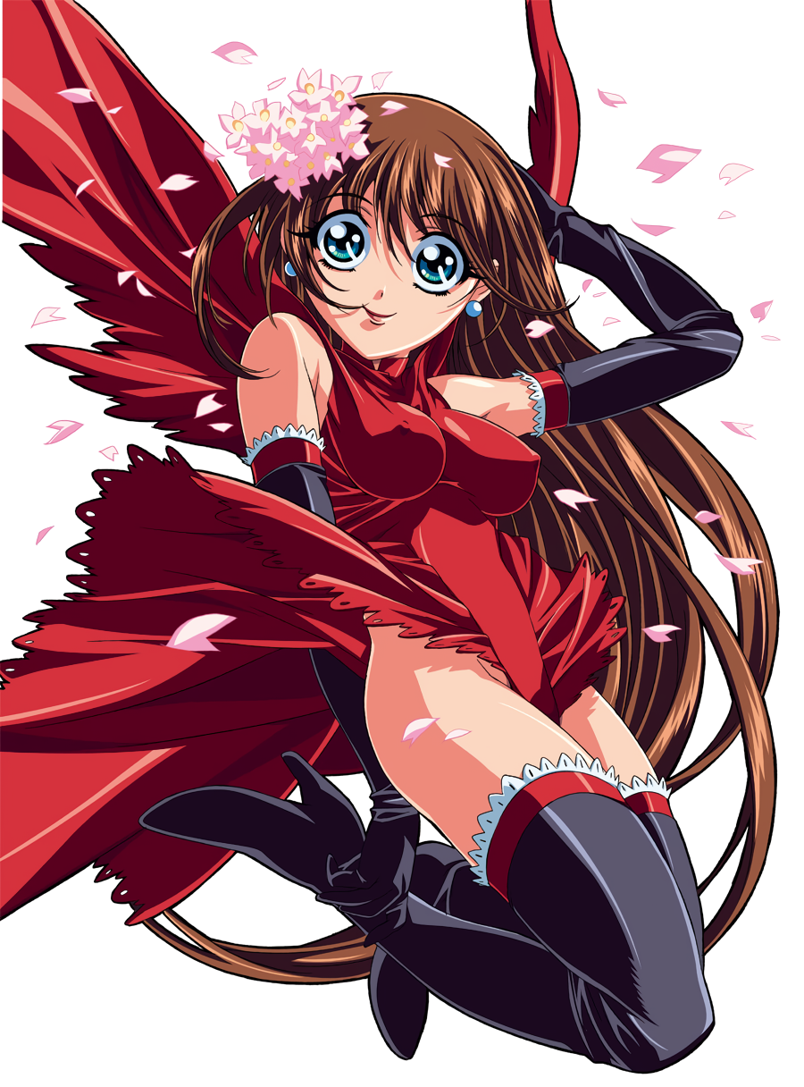 1girl aqua_eyes arm_up black_footwear black_gloves boots brown_hair comic_colorful_bee covered_nipples dress earrings elbow_gloves flower gloves gotou_keiji hair_flower hair_ornament high_heels highres jewelry long_hair looking_at_viewer non-web_source petals photoshop_(medium) red_dress simple_background smile solo thigh_boots tight_clothes very_long_hair white_background wide-eyed