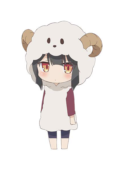 1girl animal_costume animal_hood black_hair blush chibi closed_mouth fate/kaleid_liner_prisma_illya fate_(series) full_body hair_between_eyes hood hood_up hoodie horns long_sleeves miyu_edelfelt sheep_hood simple_background solo standing white_background white_hoodie yellow_eyes