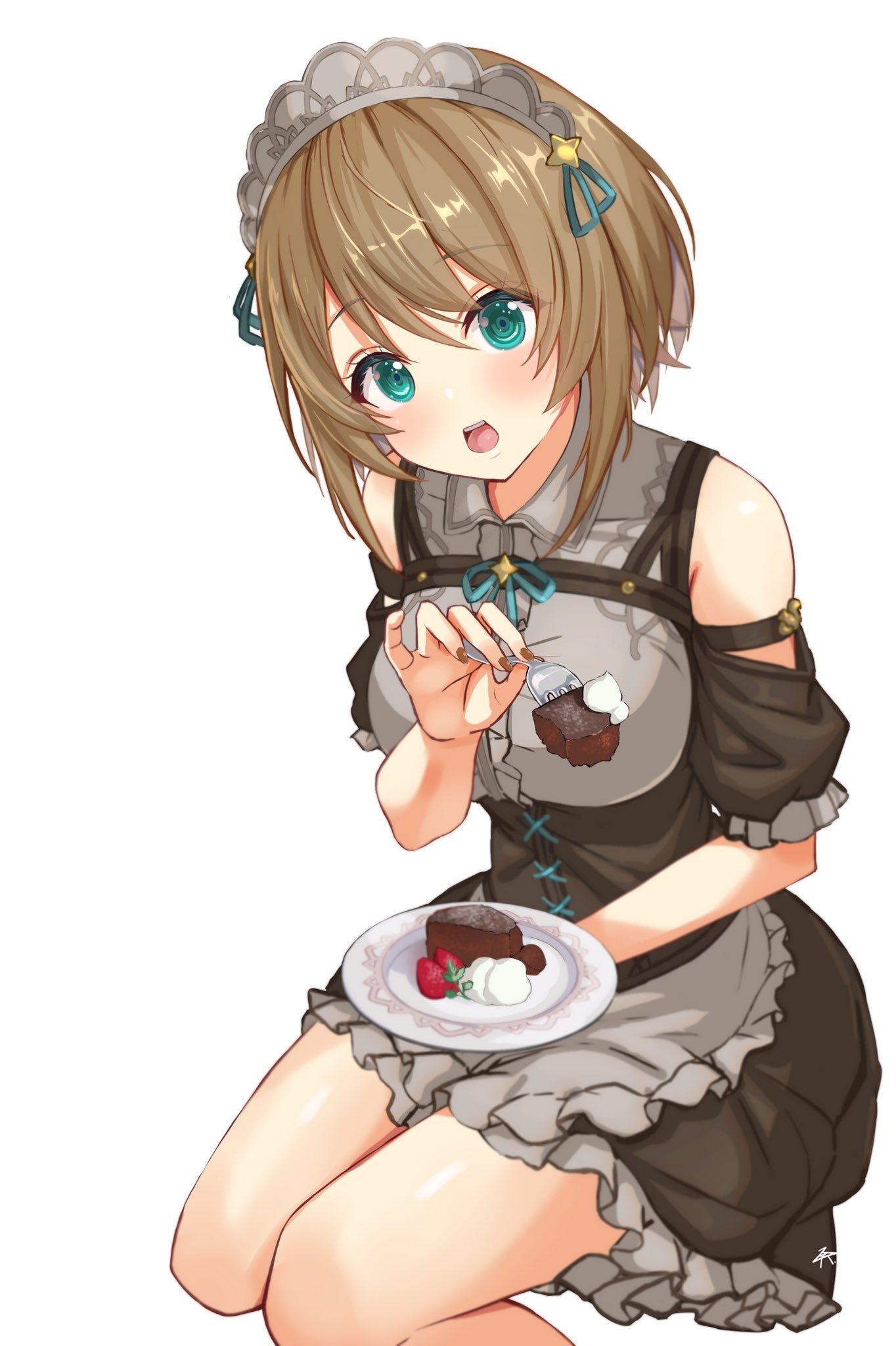 1girl aogiri_koukou apron aqua_eyes arm_garter black_dress breasts brown_hair brown_nails collared_shirt dress food fork frilled_dress frills fruit grey_apron grey_shirt highres holding holding_fork holding_plate ice_cream kkix25 kurikoma_komaru maid maid_headdress open_mouth pinafore_dress plate shirt short_hair sleeveless sleeveless_dress sleeveless_shirt solo strawberry virtual_youtuber waist_apron