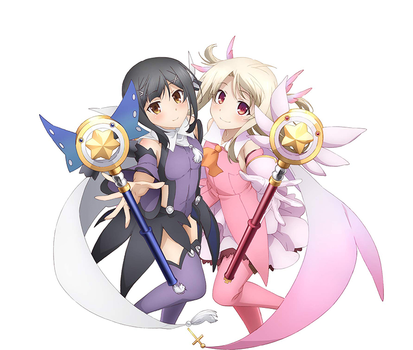 2girls ascot bare_shoulders black_hair blonde_hair blush boots breasts brown_eyes cape closed_mouth commentary_request cross detached_sleeves dress elbow_gloves fate/kaleid_liner_prisma_illya fate_(series) feather_hair_ornament feathers full_body gloves hair_ornament holding holding_wand illyasviel_von_einzbern kaleidostick latin_cross leotard light_smile long_hair long_sleeves looking_at_viewer magical_girl magical_ruby magical_sapphire miyu_edelfelt multiple_girls official_art pink_dress pink_footwear prisma_illya purple_leotard purple_sleeves purple_thighhighs red_eyes sidelocks simple_background skirt small_breasts smile staff thigh_boots thighhighs wand white_background white_gloves x_hair_ornament yellow_ascot