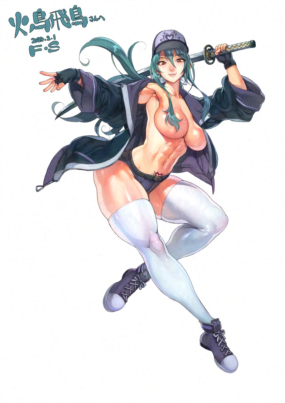 1girl abs armpits baseball_cap breasts commentary_request commission f.s. fingerless_gloves gloves green_hair hair_censor hat highres holding holding_sword holding_weapon jacket katana looking_at_viewer micro_shorts muscular muscular_female no_bra open_clothes open_jacket original ponytail pubic_tattoo shoes shorts sidelocks skeb_commission sneakers sword tattoo thighhighs weapon