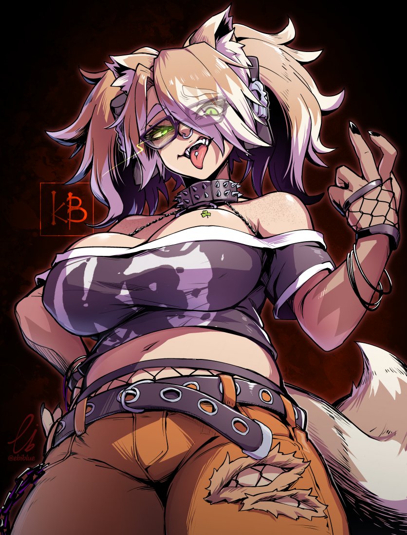 1girl animal_ears belt black_nails blonde_hair breasts clover_(flower) collar colored_tips commission ebiblue eyes_visible_through_hair fangs fishnet_pantyhose fishnets flower gesugao glasses glowing glowing_eyes green_eyes hair_over_one_eye indie_virtual_youtuber kamila_bombette large_breasts multicolored_hair navel nose_piercing nose_ring orange_pants pants pantyhose piercing plump raccoon_ears raccoon_girl raccoon_tail signature skeb_commission solo spiked_collar spikes tail teeth tongue tongue_out tongue_piercing torn_clothes torn_pants twitter_username upper_teeth_only virtual_youtuber white_hair