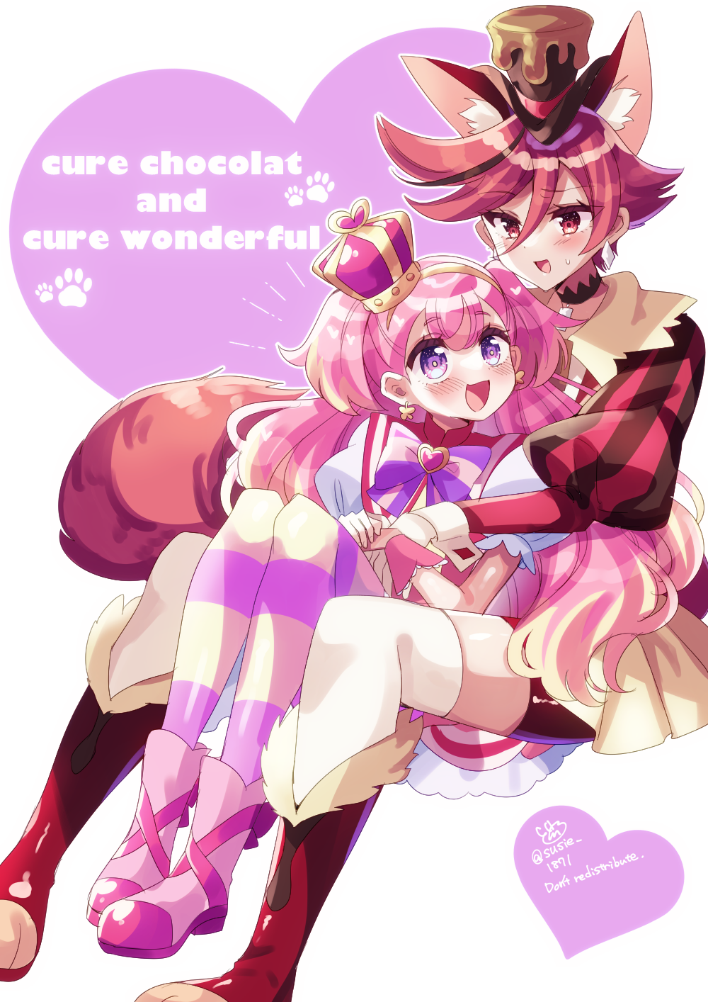 2girls :d animal_ear_fluff animal_ears bike_shorts blonde_hair blush bow brooch brown_hair brown_headwear character_name crown cure_chocolat cure_wonderful dog_ears doroshii dot_nose earrings extra_ears hairband hat heart heart_brooch highres in-franchise_crossover inukai_komugi jewelry juliet_sleeves kenjou_akira kirakira_precure_a_la_mode long_hair long_sleeves looking_at_another magical_girl mini_crown mini_hat mini_top_hat multicolored_hair multiple_girls open_mouth pantyhose pink_footwear pink_hair pink_wrist_cuffs precure puffy_sleeves purple_bow purple_eyes red_eyes red_hair red_shorts shoes short_hair shorts simple_background sitting sitting_on_lap sitting_on_person smile streaked_hair striped_bow striped_clothes striped_pantyhose swept_bangs thighhighs tilted_headwear top_hat trait_connection twitter_username two-tone_hair white_background white_thighhighs wonderful_precure! wrist_cuffs yellow_hairband