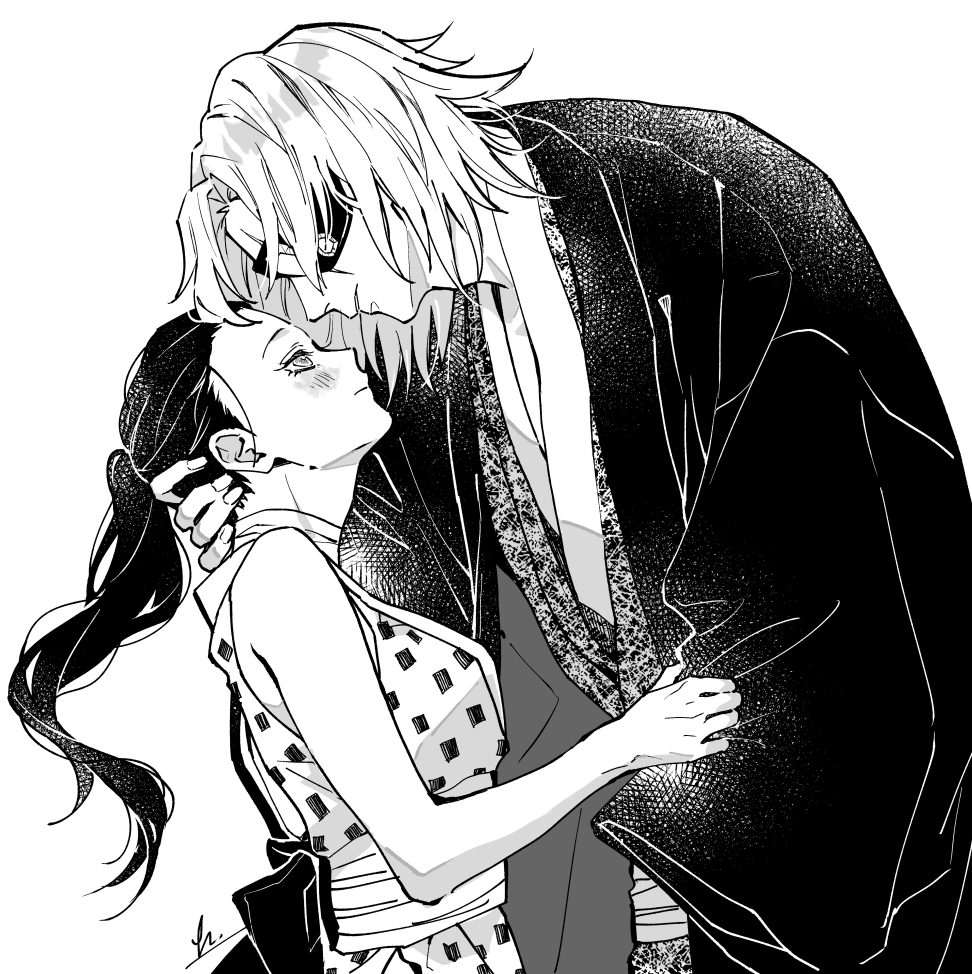 1boy 1girl amputee and_rira bandaged_neck bandages bare_arms bare_shoulders blush breasts clothes_grab couple crystal earrings eyepatch facing_another from_side greyscale hair_pulled_back hand_on_another's_head haori height_difference hetero hinatsuru_(kimetsu_no_yaiba) husband_and_wife imminent_kiss injury japanese_clothes jewelry kimetsu_no_yaiba kimono long_hair long_sleeves looking_at_another looking_up monochrome ponytail profile short_hair signature simple_background sleeveless sleeveless_kimono smile upper_body uzui_tengen
