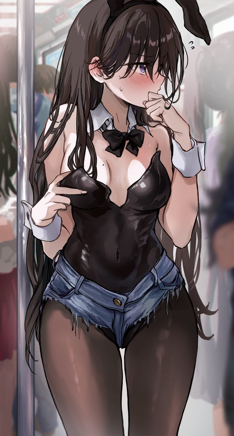 1girl 4others animal_ears black_bow black_bowtie black_pantyhose blush bow bowtie breasts brown_hair buttons cleavage covered_navel denim detached_collar ear_blush fake_animal_ears highres long_hair looking_to_the_side messy_hair mole mole_on_breast multiple_others original pantyhose playboy_bunny purple_eyes rabbit_ears saya_(mychristian2) short_shorts shorts small_breasts solo_focus very_long_hair wrist_cuffs