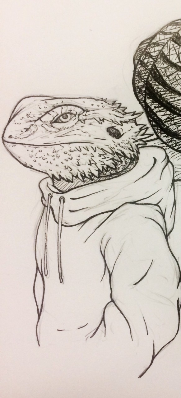 2017 agamid ambiguous_gender anthro bearded_dragon clothing graphite_(artwork) grey_background hand_in_pocket hi_res hoodie kingbiko laces lizard male_(lore) monochrome pencil_(artwork) pockets reptile scalie side_view simple_background sketch topwear traditional_media_(artwork)