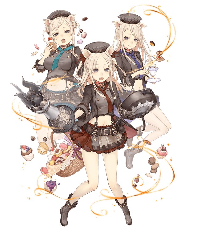 3girls animal_ears blonde_hair blue_little_pig_(sinoalice) cake cake_slice candy checkerboard_cookie chocolate cookie cream_puff cup cupcake doughnut food green_little_pig_(sinoalice) holding holding_cup holding_food holding_saucer macaron midriff multiple_girls official_art orangette pig_ears pig_girl red_little_pig_(sinoalice) saucer siblings sinoalice sisters teacup thumbprint_cookie wrapped_candy