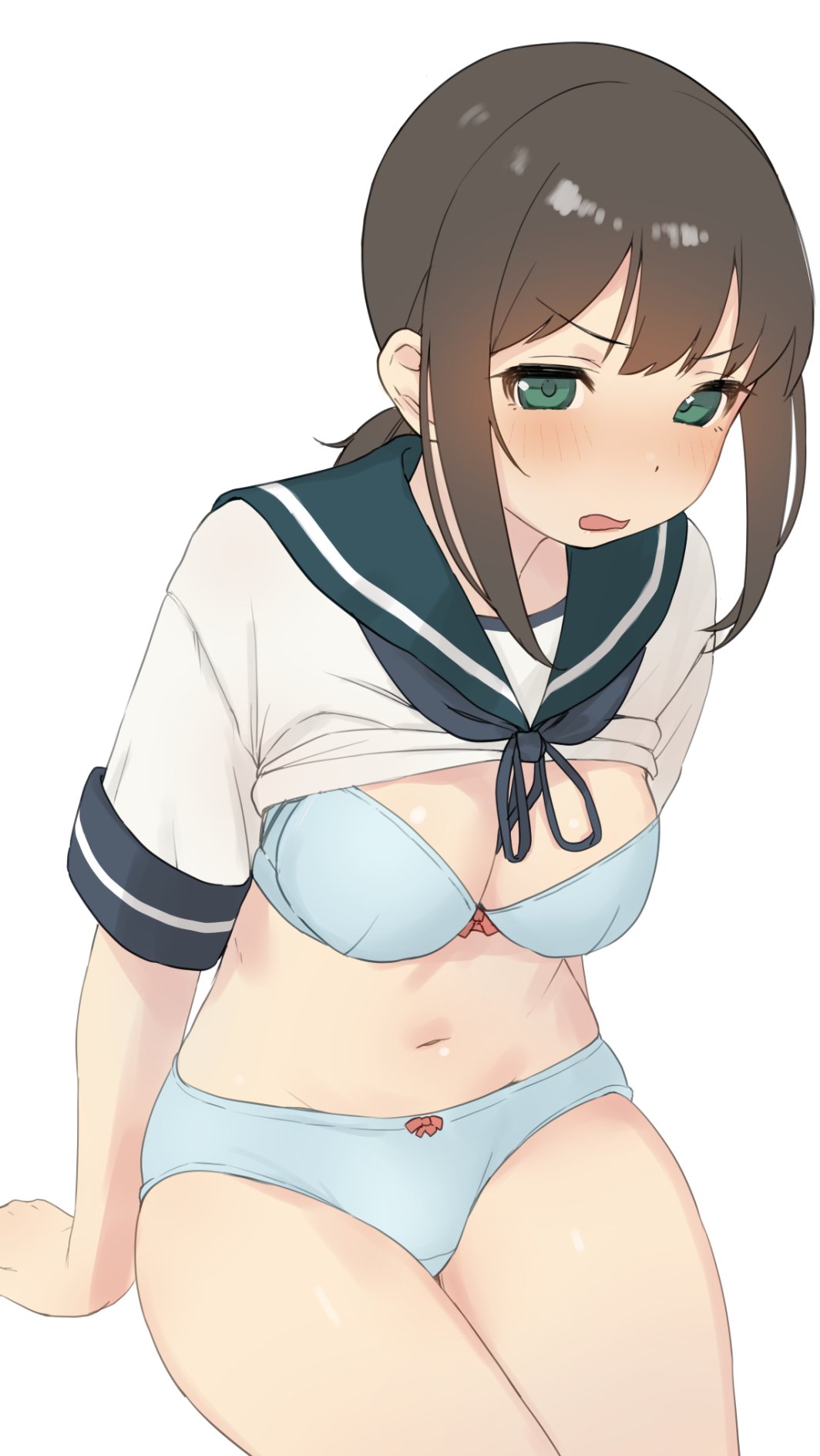 1girl alternate_breast_size arm_support blue_bra blue_neckerchief blue_panties blush bra breasts brown_hair cleavage clothes_lift commentary_request cowboy_shot embarrassed fubuki_(kancolle) green_eyes green_sailor_collar highres kantai_collection looking_at_viewer low_ponytail medium_breasts medium_hair midriff navel neckerchief no_pants open_mouth panties partially_undressed ribbon_panties sailor_collar sakieko school_uniform serafuku shirt shirt_lift short_sleeves sidelocks simple_background sitting solo thighs underwear white_background white_shirt