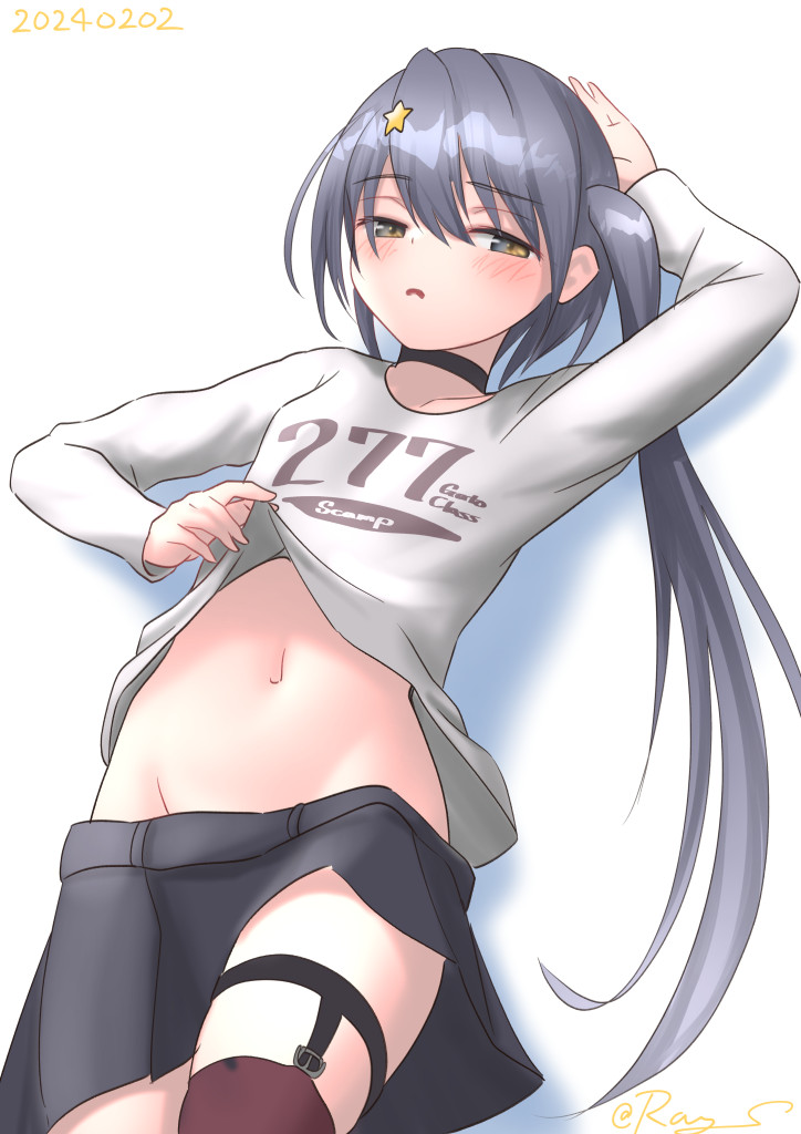 1girl black_choker black_skirt choker cowboy_shot grey_eyes grey_hair groin hair_ornament hairclip kantai_collection lying navel official_alternate_costume one-hour_drawing_challenge ray.s scamp_(kancolle) shirt shirt_hold side_ponytail simple_background single_thighhigh skirt solo star_(symbol) star_hair_ornament thighhighs white_background white_shirt