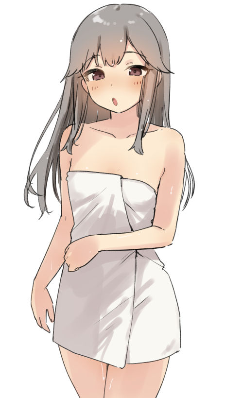 1girl :o alternate_hairstyle bare_shoulders blush breasts brown_eyes collarbone commentary_request cowboy_shot grey_hair holding holding_towel kantai_collection long_hair looking_at_viewer naked_towel open_mouth sakieko sidelocks simple_background small_breasts solo standing thighs towel usugumo_(kancolle) white_background white_towel