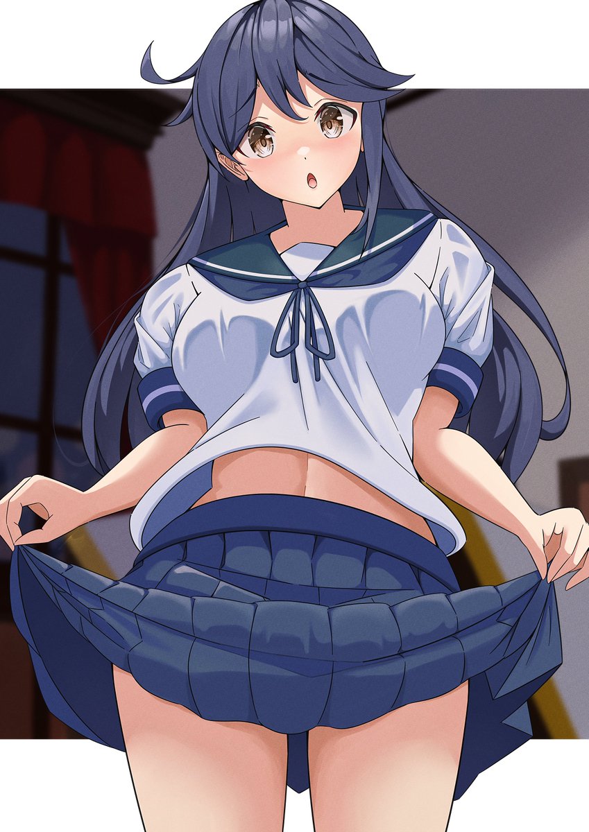 1girl ahoge black_hair blue_sailor_collar blue_skirt blurry blurry_background blush breasts brown_eyes cowboy_shot highres holding holding_clothes holding_skirt indoors kantai_collection kikuchi-shoogo long_hair medium_breasts neckerchief night open_mouth pleated_skirt sailor_collar school_uniform serafuku skirt smile solo ushio_(kancolle) window