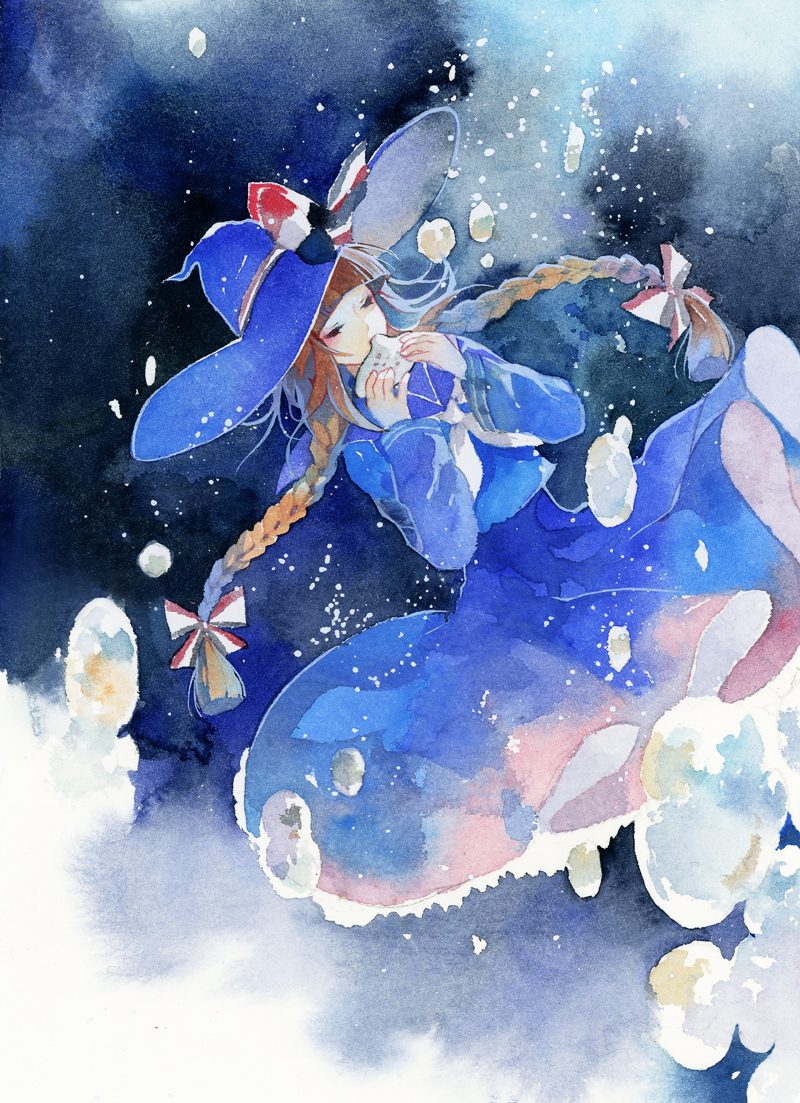 1girl air_bubble black_background black_eyes blue_background blue_dress blue_headwear blue_theme braid brown_hair bubble closed_eyes dress dutch_angle floating frilled_dress frills funamusea hands_up hat holding holding_instrument instrument long_hair long_sleeves multicolored_background music ocarina oounabara_to_wadanohara painting_(medium) playing_instrument rei_(456789io) solo traditional_media twin_braids wadanohara watercolor_(medium) white_background witch_hat