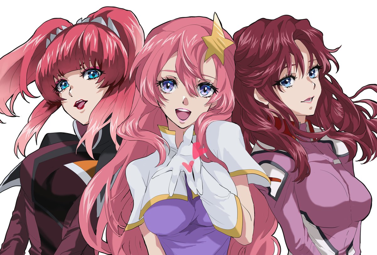 3girls agnes_giebenrath blue_eyes breasts flay_allster gloves gundam gundam_seed gundam_seed_destiny gundam_seed_freedom hair_ornament kitsuyuu26 large_breasts lipstick long_hair looking_at_viewer makeup meer_campbell military military_uniform multiple_girls open_mouth pink_hair red_hair smile star_(symbol) star_hair_ornament twintails uniform upper_body