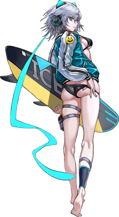 1girl barefoot blue_eyes blue_nails breasts crossover from_behind full_body grey_hair holding holding_surfboard icey icey_(game) iron_saga jacket nail_polish official_alternate_costume official_art open_clothes open_jacket smiley_face solo surfboard swimsuit third-party_source transparent_background