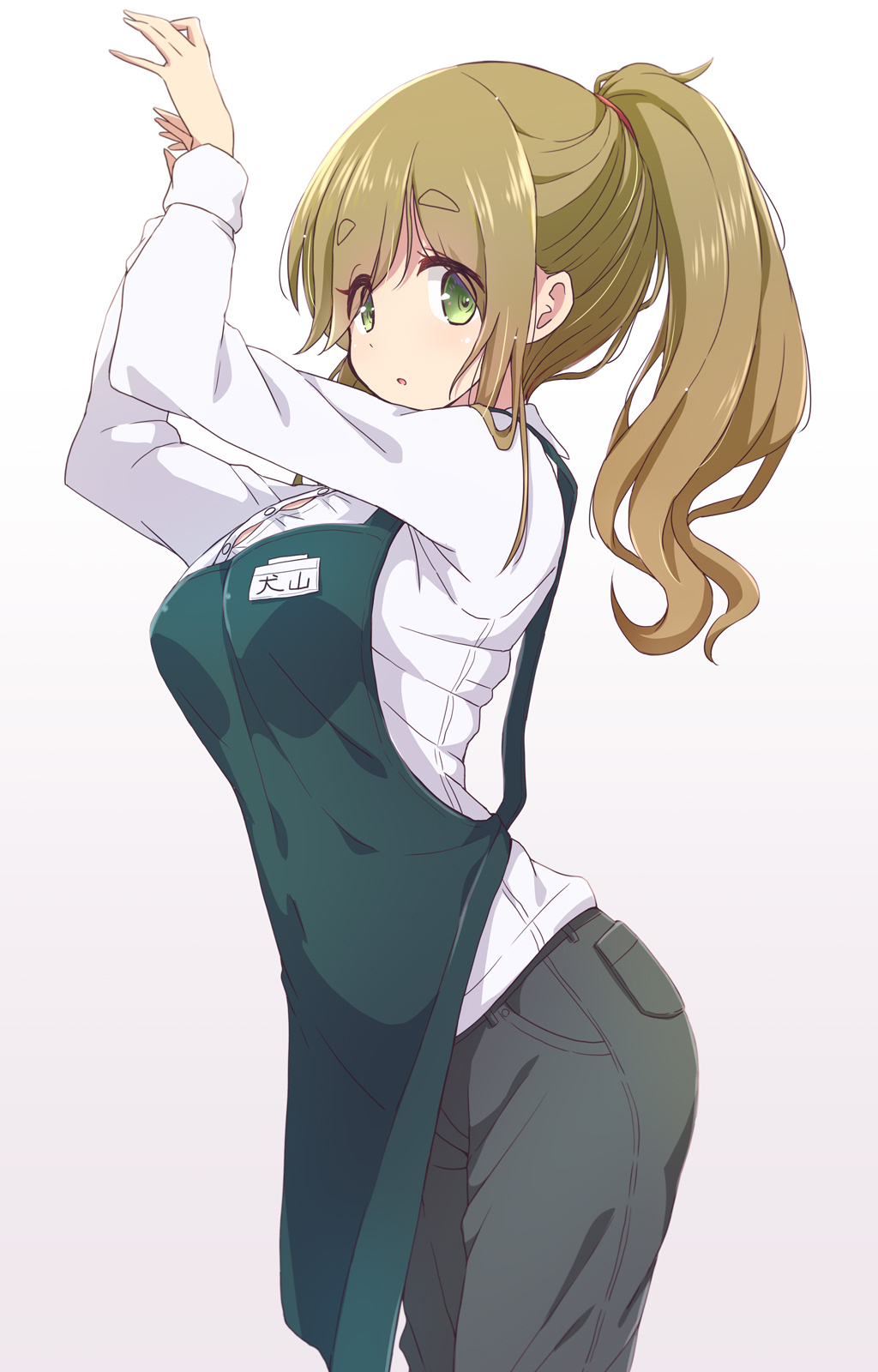 1girl :o apron black_pants breasts brown_hair button_gap eyebrows_visible_through_hair eyes_visible_through_hair gradient gradient_background green_apron green_eyes hands_up highres inuyama_aoi long_hair long_sleeves looking_at_viewer medium_breasts mel_(melty_pot) pants pink_background shirt solo thick_eyebrows translated white_background white_shirt yurucamp