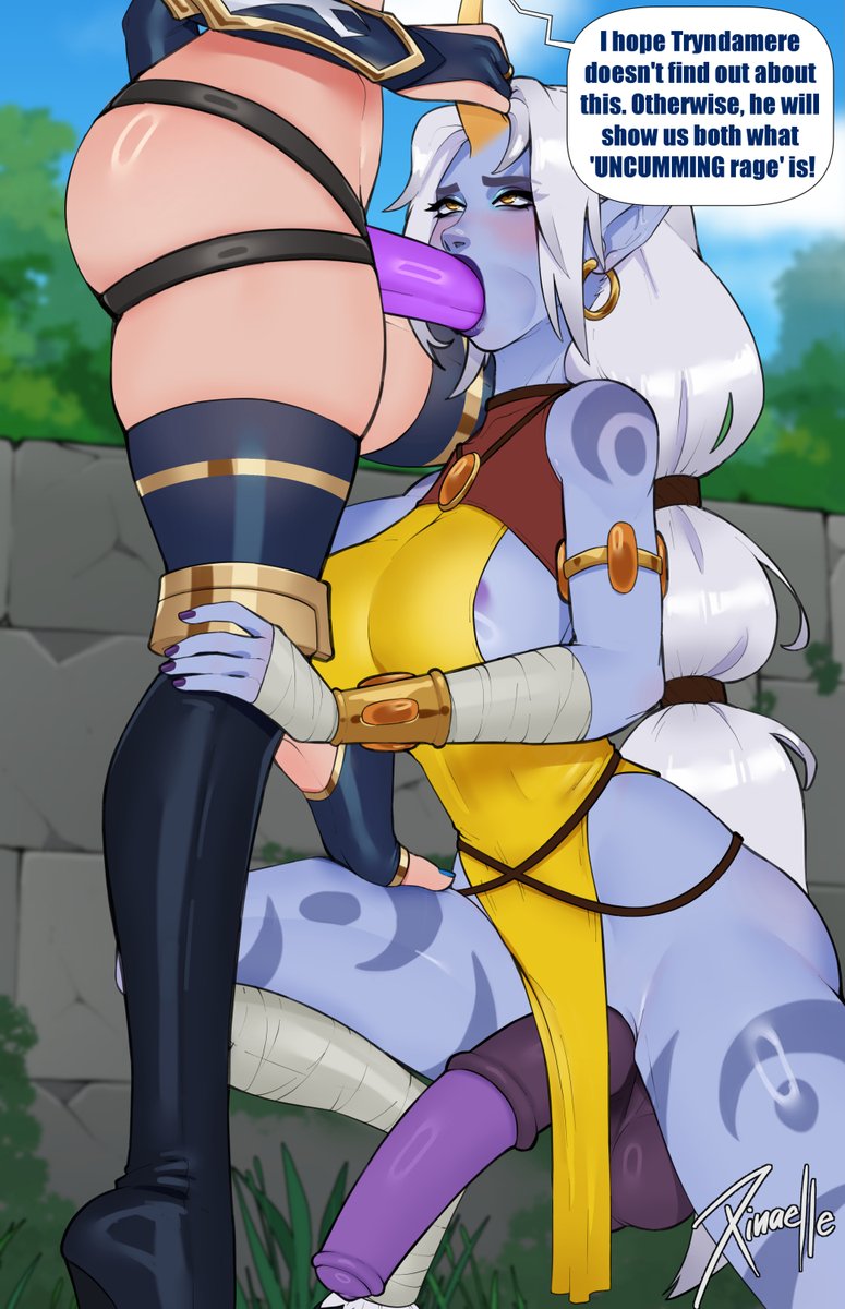 2girls animal_penis armlet ashe_(league_of_legends) ass bare_shoulders black_dress black_thighhighs blue_lips bracelet breasts colored_skin dildo dress earrings english_text fellatio from_side furry furry_female futa_with_female futanari grey_hair highres hoop_earrings hooves horn_grab horns horse_penis irrumatio jewelry large_breasts league_of_legends leg_tattoo long_hair multi-tied_hair multiple_girls oral outdoors penis pink_skin pointy_ears sex_toy single_horn skindentation soraka_(league_of_legends) speech_bubble strap-on tattoo testicles thighhighs xinaelle yellow_dress