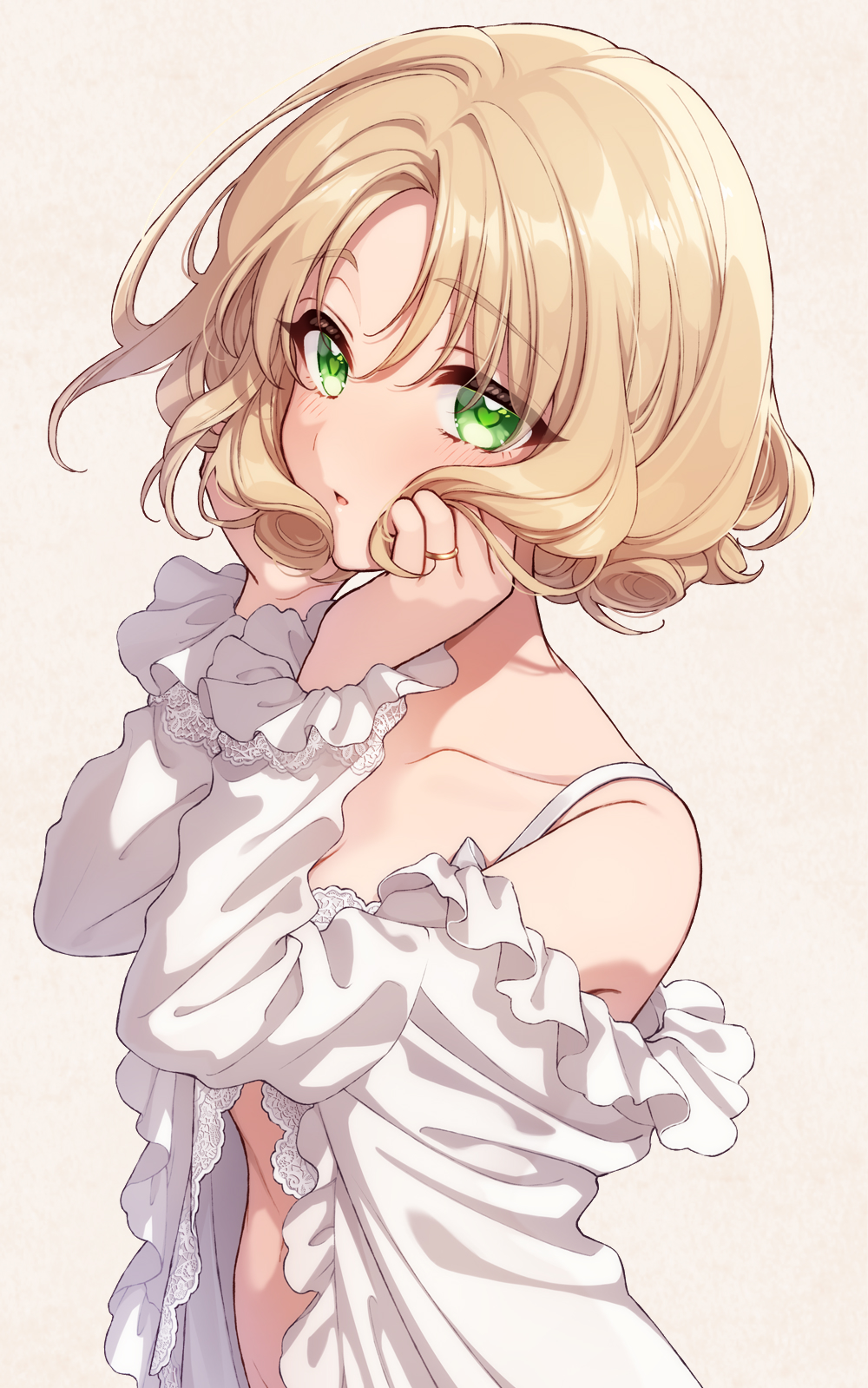 1girl blonde_hair bra collarbone curly_hair frilled_shirt frills green_eyes hands_on_own_face highres hououji_fuu jewelry looking_at_viewer magic_knight_rayearth masami_(souzou_jinsei_sanka) parted_lips ring shirt short_hair simple_background solo three_quarter_view underwear upper_body white_bra white_shirt