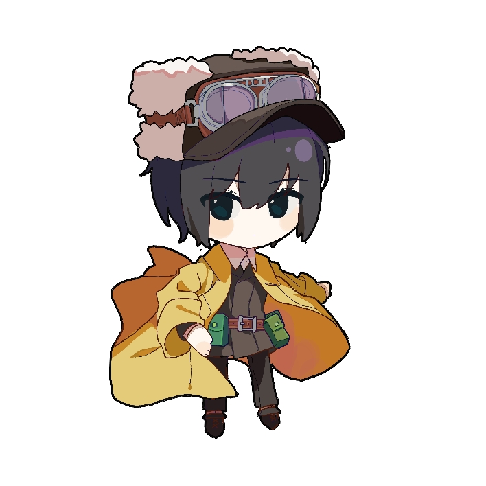 1girl androgynous belt belt_pouch black_footwear black_hair blush_stickers brown_belt brown_headwear brown_jacket brown_pants chibi closed_mouth coat commentary dot_mouth expressionless full_body fur_hat goggles goggles_on_headwear green_eyes hair_between_eyes hat jacket kino_(kino_no_tabi) kino_no_tabi looking_at_viewer outstretched_arm pale_skin pants pouch short_hair simple_background solo standing tomboy trench_coat ushanka white_background ydpfa yellow_coat