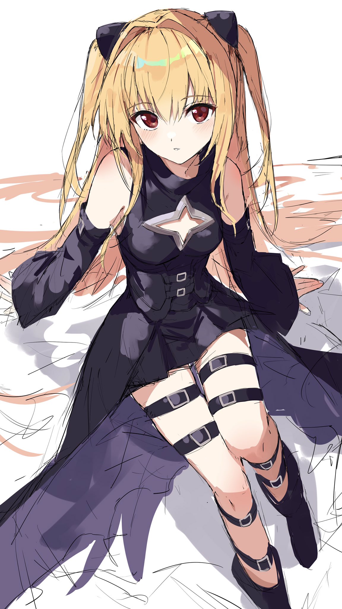 1girl arms_at_sides bare_shoulders black_shirt black_skirt black_sleeves blonde_hair blush breasts cleavage_cutout clothing_cutout commentary detached_sleeves foot_out_of_frame hair_between_eyes hair_intakes highres konjiki_no_yami long_hair long_sleeves looking_at_viewer miniskirt parted_lips red_eyes shirt sidelocks simple_background sitting sketch skirt sleeveless sleeveless_shirt small_breasts solo thigh_strap thighs to_love-ru tsurime two_side_up white_background wide_sleeves yanagi_marie