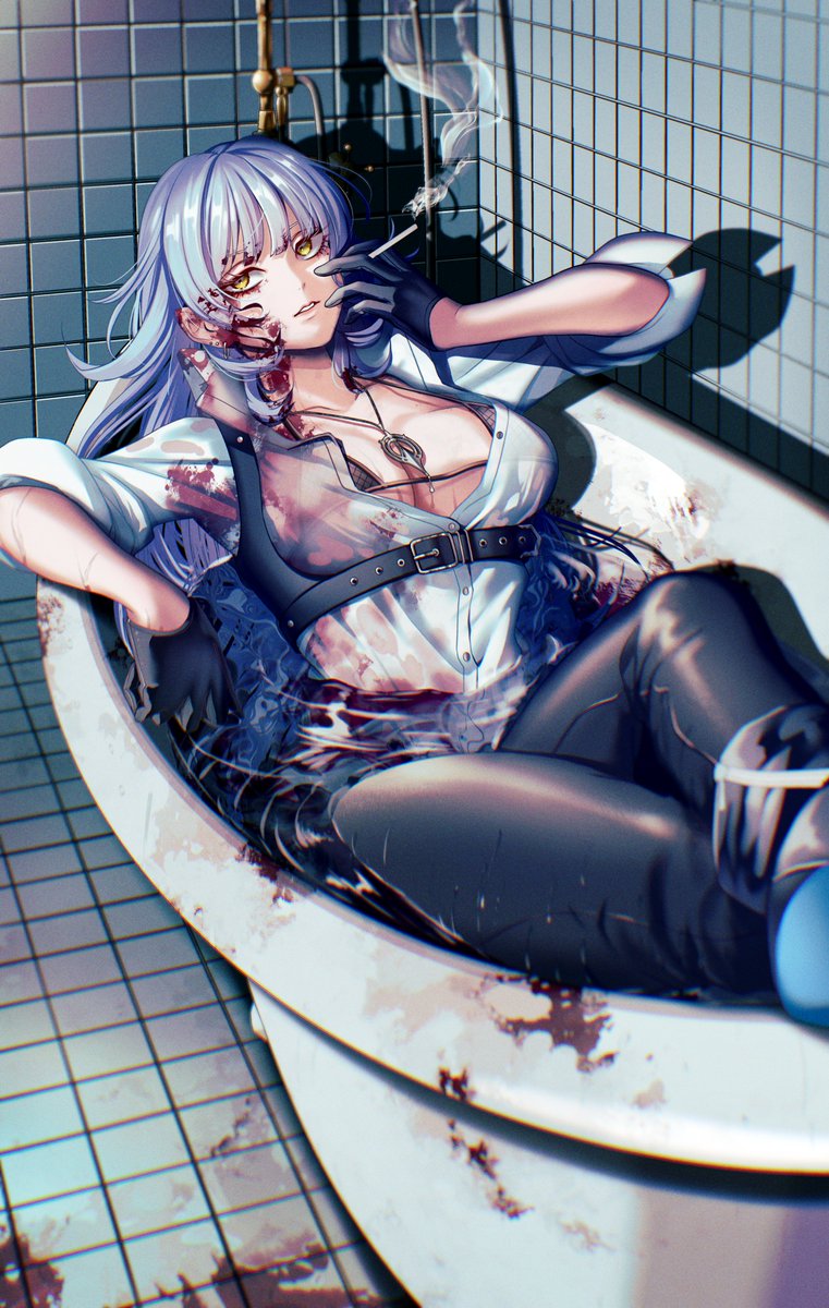 1girl bathing bathroom bathtub belt black_belt black_gloves black_pants blood blood_in_hair blood_on_clothes blood_on_face breasts cigarette clothed_bath collarbone earrings fishnet_bra gloves highres holding holding_cigarette indie_virtual_youtuber jewelry jubako_(nest_of_boxes) large_breasts long_hair milkie_(vtuber) necklace pants partially_unbuttoned second-party_source shadow shirt sleeves_rolled_up smoking solo tile_floor tiles virtual_youtuber water wet wet_clothes white_shirt
