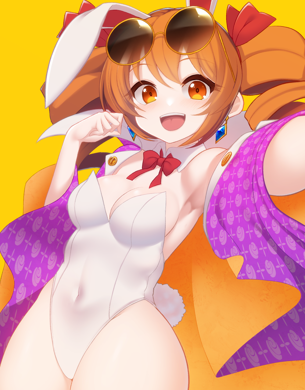 1girl animal_ears armpits breasts detached_collar diamond_earrings drill_hair earrings eyewear_on_head fake_animal_ears fake_tail highres jewelry kuresento leotard looking_at_viewer open_clothes open_mouth orange_eyes orange_hair playboy_bunny smile solo strapless strapless_leotard tail teeth touhou twin_drills upper_teeth_only white_leotard yellow_background yorigami_jo'on