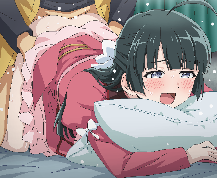 1boy 1girl ahoge all_fours black_hair blue_eyes blush character_request clothed_sex commentary_request doggystyle dress hetero long_hair open_mouth pillow red_dress saikyou_tank_no_meikyuu_kouryaku_~tairyoku_9999_no_rare_skill-mochi_tank_yuusha_party_wo_tsuihou_sareru~ sex sex_from_behind solo_focus sweat tomu_(tomubobu) torso_grab