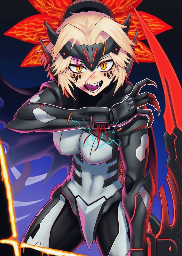 1girl arm_blade blonde_hair blood breasts broken broken_weapon covered_navel dinomorphia_kentregina duel_monster fang gradient_background injury large_breasts licking_blood purple_blood slit_pupils weapon wire yellow_eyes yu-gi-oh! zidai_okuraven