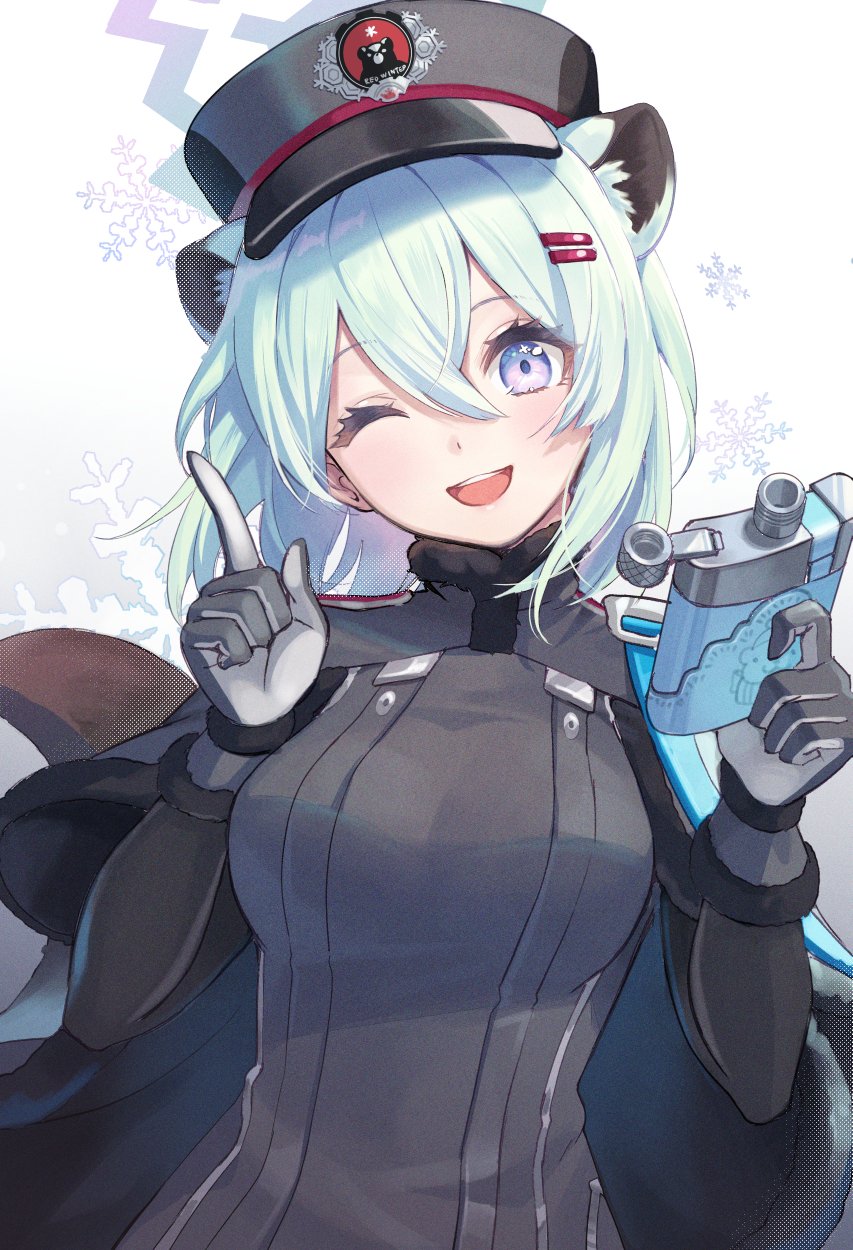 1girl animal_ears aqua_hair blue_archive breasts cape commentary_request crossed_bangs fur-trimmed_cape fur-trimmed_gloves fur_trim gloves grey_cape grey_gloves grey_jacket hair_between_eyes hair_ornament hairclip halo head_tilt highres jacket kuze_kaname long_sleeves looking_at_viewer medium_breasts medium_hair one_eye_closed open_mouth purple_eyes shigure_(blue_archive) smile snowflakes solo tail upper_body weasel_ears weasel_girl weasel_tail