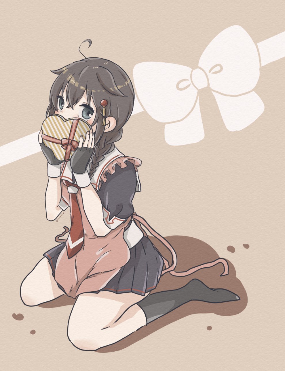 1girl ahoge apron black_gloves black_hair black_legwear black_serafuku black_skirt blue_eyes bow box braid brown_background cocax_x covering_mouth fingerless_gloves frilled_apron frills full_body gloves hair_flaps hair_ornament hair_over_shoulder heart highres kantai_collection kneehighs looking_at_viewer necktie pink_apron pleated_skirt red_neckwear remodel_(kantai_collection) school_uniform serafuku shigure_(kantai_collection) simple_background single_braid sitting skirt solo symbol_commentary wariza