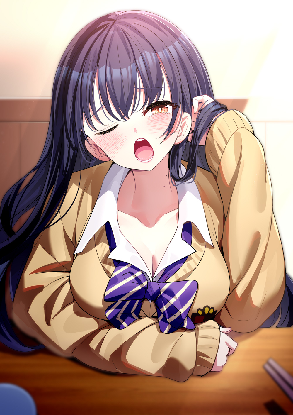 1girl adjusting_hair blue_hair blush boku_no_kokoro_no_yabai_yatsu bow bowtie breasts brown_eyes cleavage collarbone collared_shirt dark_blue_hair diagonal-striped_bow diagonal-striped_bowtie diagonal-striped_clothes elbow_rest hand_in_own_hair hand_up highres indoors long_hair long_sleeves looking_at_viewer medium_breasts mole mole_on_neck multiple_moles one_eye_closed open_mouth purple_bow purple_bowtie ririko_(zhuoyandesailaer) school_uniform shirt sitting solo striped_bow striped_bowtie striped_clothes sweater table upper_body white_shirt yamada_anna yellow_sweater