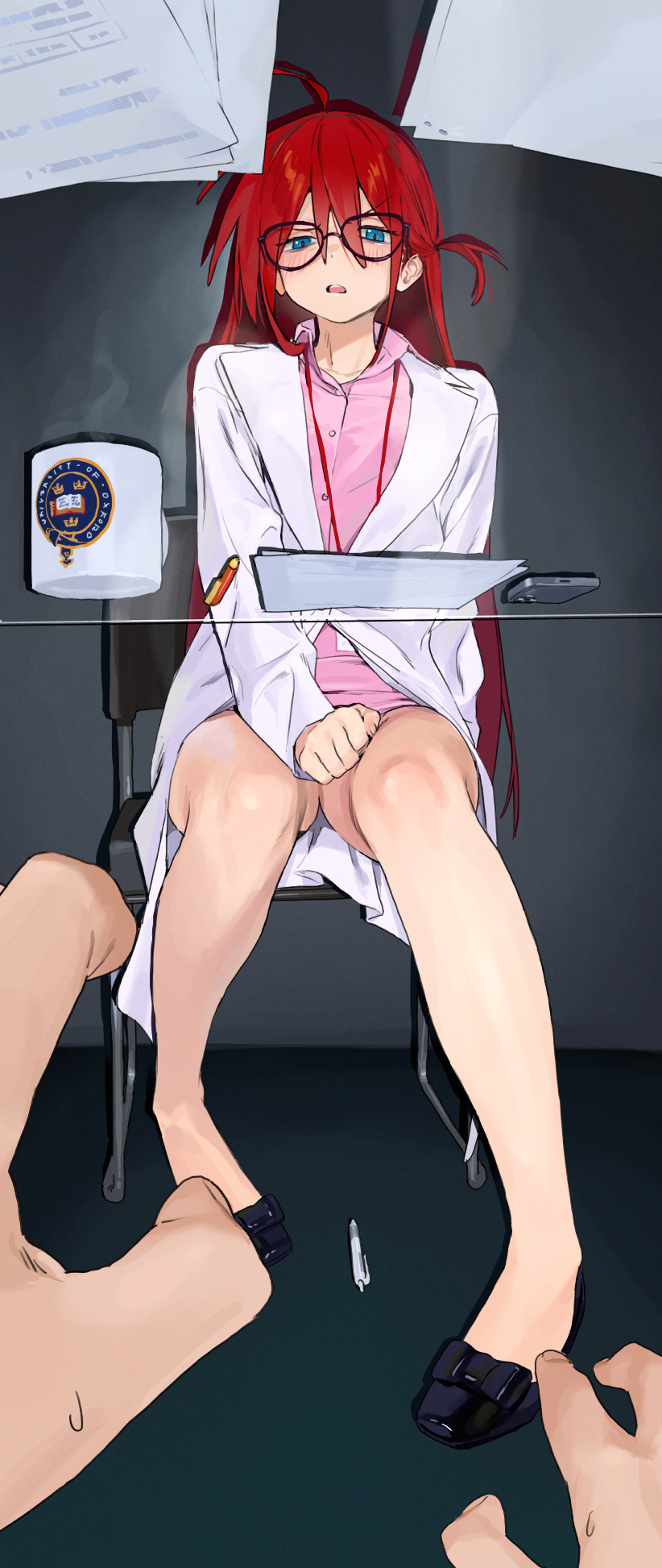 1girl ahoge asymmetrical_hair black_footwear blue_eyes blush cellphone covering_privates dress frown glass_table glasses grimace hair_between_eyes highres hipa_(some1else45) lab_coat legs long_hair looking_at_viewer messy_hair open_mouth original paper pen phone pink_dress red_hair shirt side_ponytail sidelocks smartphone some1else45 table unamused under_table