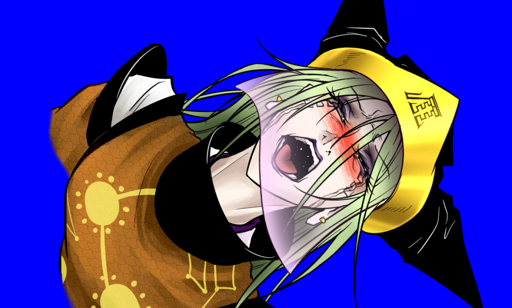 1girl black_eyes black_headwear black_lips blue_background blush commentary_request eyes_visible_through_hair eyeshadow gold green_hair hair_between_eyes half-closed_eyes long_bangs long_hair makeup manatsu_no_yo_no_inmu matara_okina nose_blush open_mouth orange_tabard purple_eyeshadow ryuuichi_(f_dragon) shirt simple_background solo tabard tongue touhou upper_body veil white_shirt