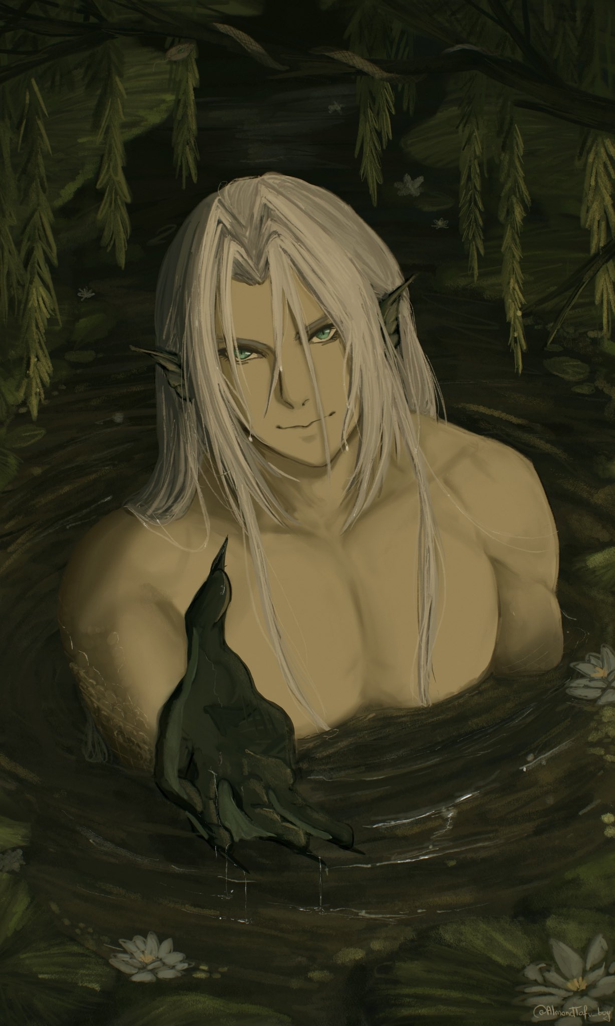 1boy almondtofu_boy alternate_species alternate_universe bare_pectorals branch claws commentary english_commentary final_fantasy final_fantasy_vii fins flower green_eyes grey_hair hand_up head_fins highres in_water large_pectorals lily_pad long_bangs long_hair male_focus muscular muscular_male night outdoors outstretched_hand parted_bangs pectorals reaching reaching_towards_viewer ripples scales sephiroth slit_pupils smile smirk solo topless_male upper_body webbed_hands wet wet_hair wetland white_flower