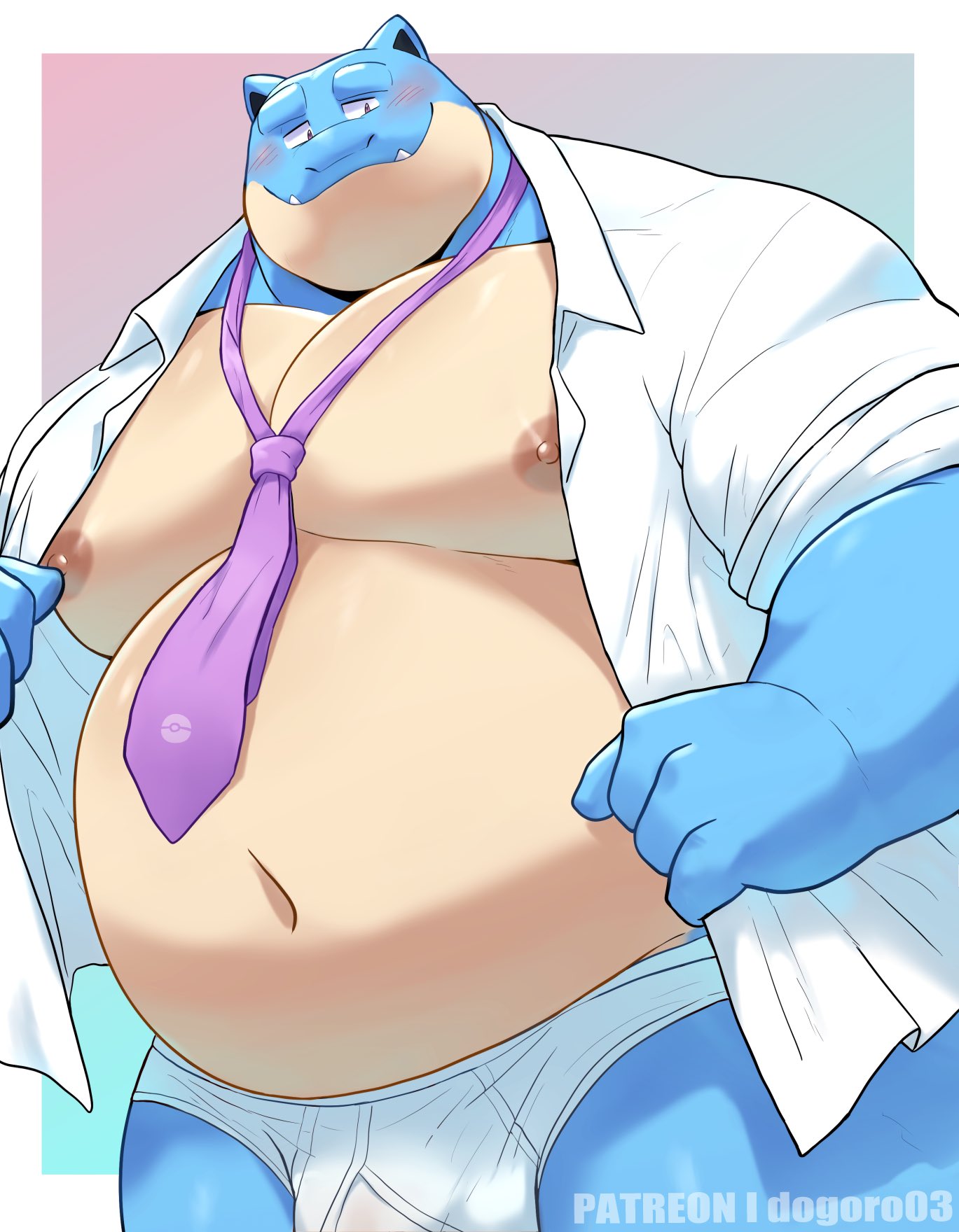 2024 anthro anthrofied areola belly big_belly big_bulge big_moobs blastoise blush border briefs bulge clothed clothing dress_shirt generation_1_pokemon grey_background hi_res huge_bulge kemono male moobs navel necktie nintendo nipples o-ro open_clothing open_shirt open_topwear overweight overweight_anthro overweight_male patreon pokemon pokemon_(species) pokemorph shirt simple_background smile solo standing teeth text thick_thighs tighty_whities topwear underwear url white_border white_briefs white_clothing white_underwear