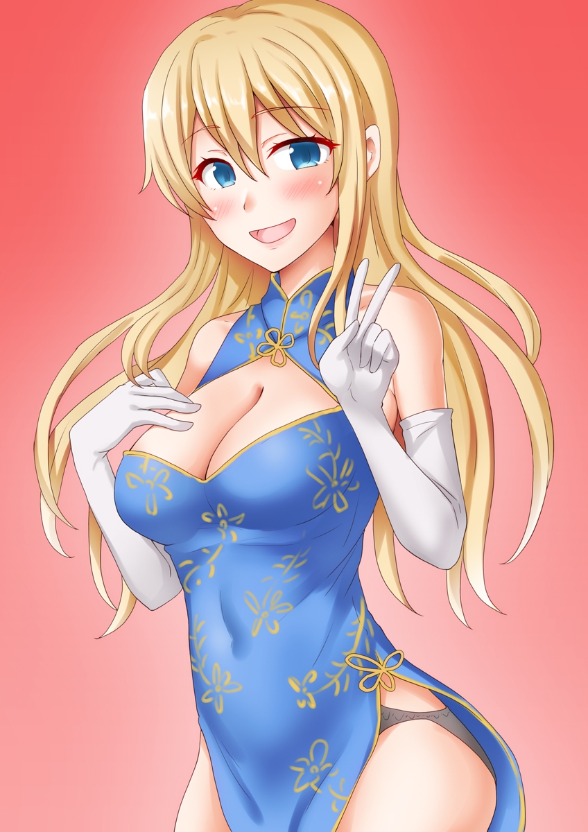 1girl anti_(untea9) atago_(kancolle) blonde_hair blue_dress blush breasts china_dress chinese_clothes cleavage dress elbow_gloves gloves gradient_background green_eyes hand_on_own_chest highres kantai_collection large_breasts long_hair looking_at_viewer open_mouth pink_background smile solo white_gloves