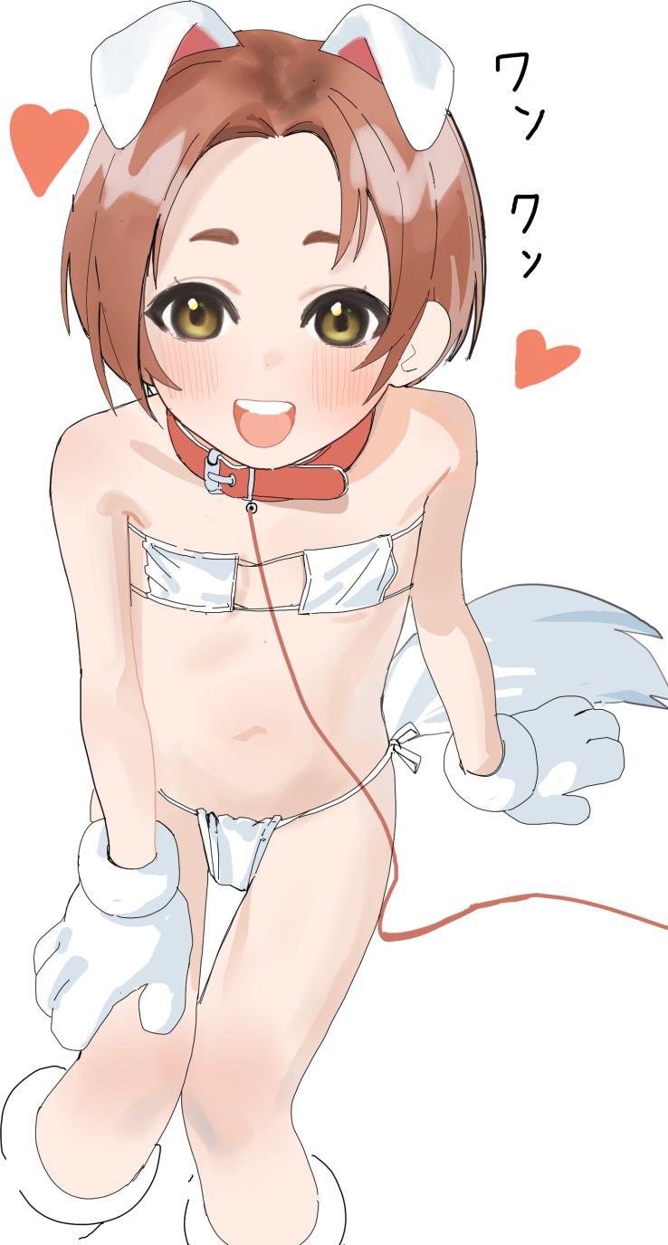 1girl :d animal_ears animal_hands bikini collar dog_ears dog_tail flat_chest gloves heart highres idolmaster idolmaster_cinderella_girls leash micro_bikini navel orange_hair paw_gloves ribenyu4 ryuzaki_kaoru short_hair simple_background smile swimsuit tail white_background yellow_eyes