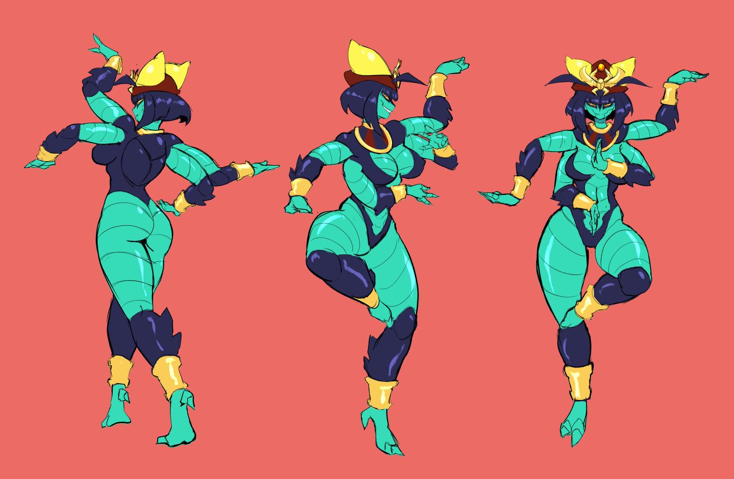 2019 4_arms anthro armor arthropod bangs beetle blue_body breasts butt clothing dancing decorative_scarab female front_view green_body headgear headwear insect khepera_(mechapen) legwear mechapen multi_arm multi_limb multiple_poses muscular muscular_anthro muscular_female narrowed_eyes nipple_outline one_leg_up pose raised_arm raised_arms raised_leg rear_view red_background scarabaeid simple_background smile solo thick_thighs vambrace yellow_eyes