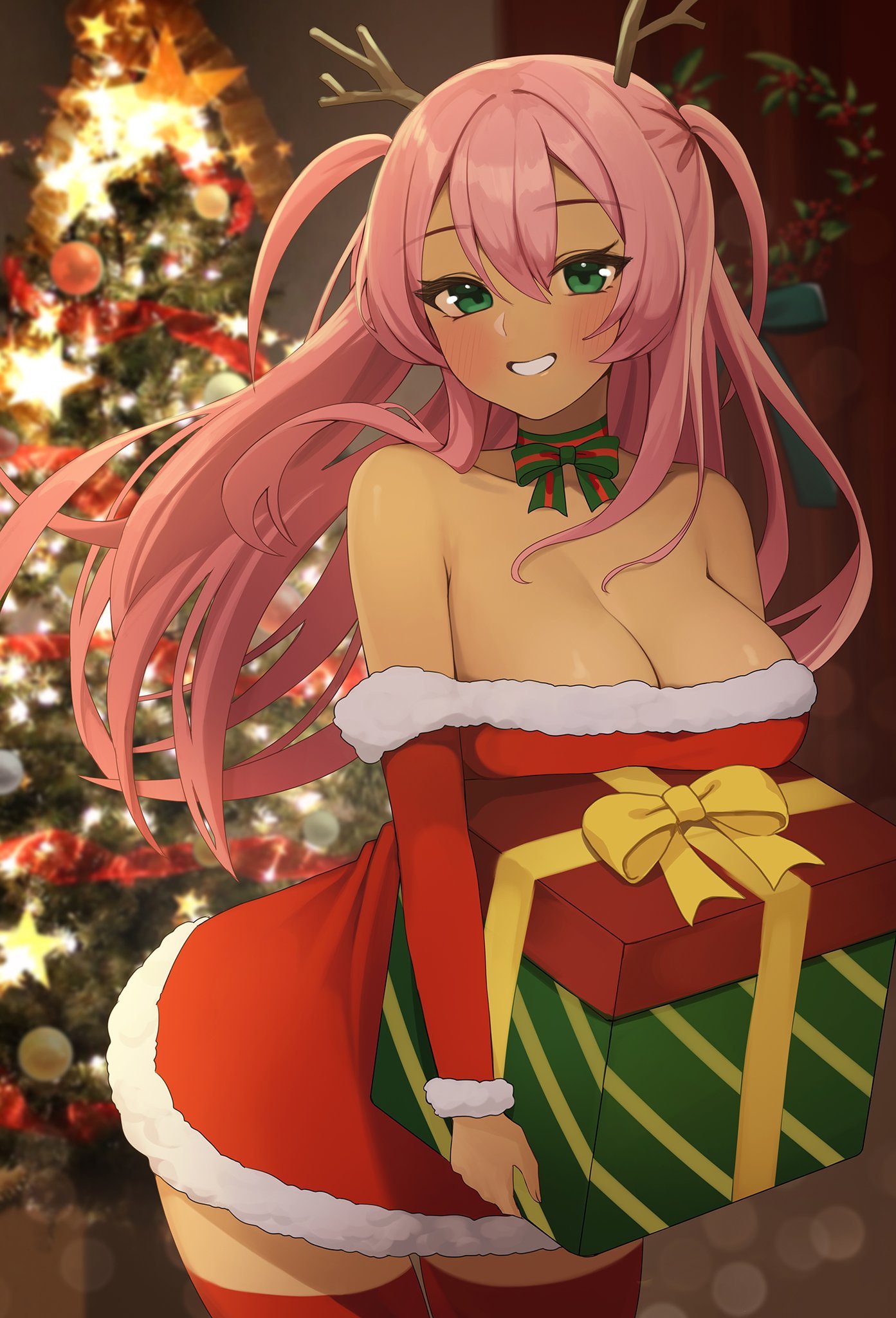 1girl breasts christmas_tree dark-skinned_female dark_skin dress gift green_eyes gya_(144) highres holding holding_gift indie_virtual_youtuber kimie_(vtuber) medium_breasts merry_christmas pink_hair red_thighhighs santa_dress smile solo teeth thighhighs virtual_youtuber