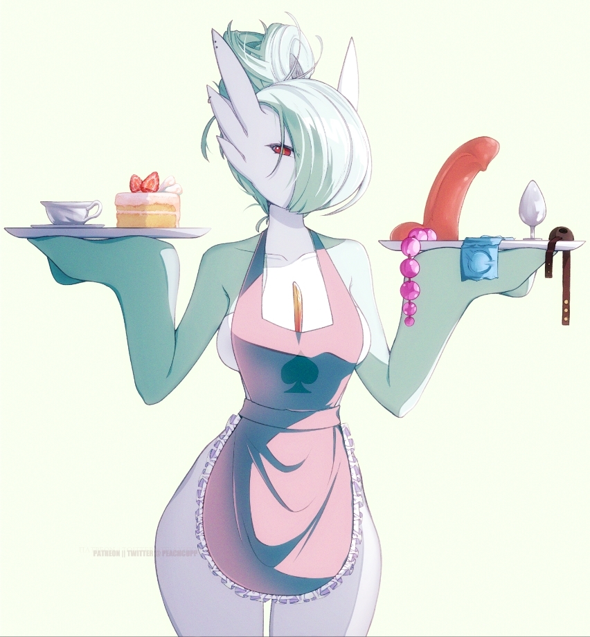 accessory anal_beads apron ball_gag balls big_butt big_dildo big_penis butt buttplug cake cecilia_(peachcupp) chest_spike clothed clothing condom curvy_figure dessert dildo female food frilly frilly_clothing gag gardevoir generation_3_pokemon genitals green_hair hair hourglass_figure humanoid long_hair looking_at_viewer mammal messy_hair nintendo not_furry peachcupp penis plug_(sex_toy) pokemon pokemon_(species) pokemorph queen_of_spades queen_of_spades_symbol red_dildo red_eyes serving_tray sex_toy sexual_barrier_device solo spikes spikes_(anatomy) standing thick_thighs white_body white_skin wide_hips