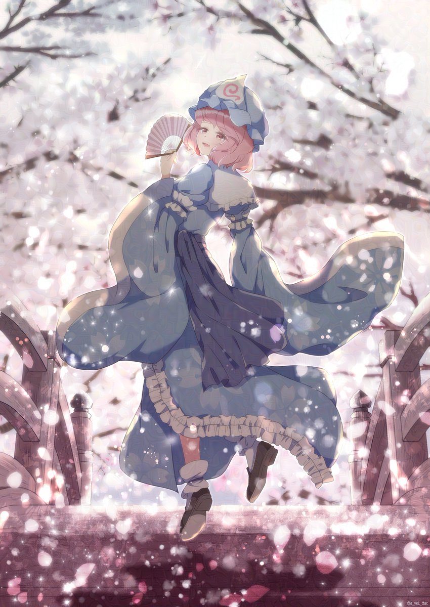 1girl blue_headwear blue_kimono branch bridge cattleya_(a_yel_ttac) commentary english_commentary frilled_kimono frills full_body hand_fan highres holding holding_fan japanese_clothes kimono long_sleeves looking_at_viewer outdoors pink_eyes pink_hair saigyouji_yuyuko short_hair solo touhou wide_sleeves